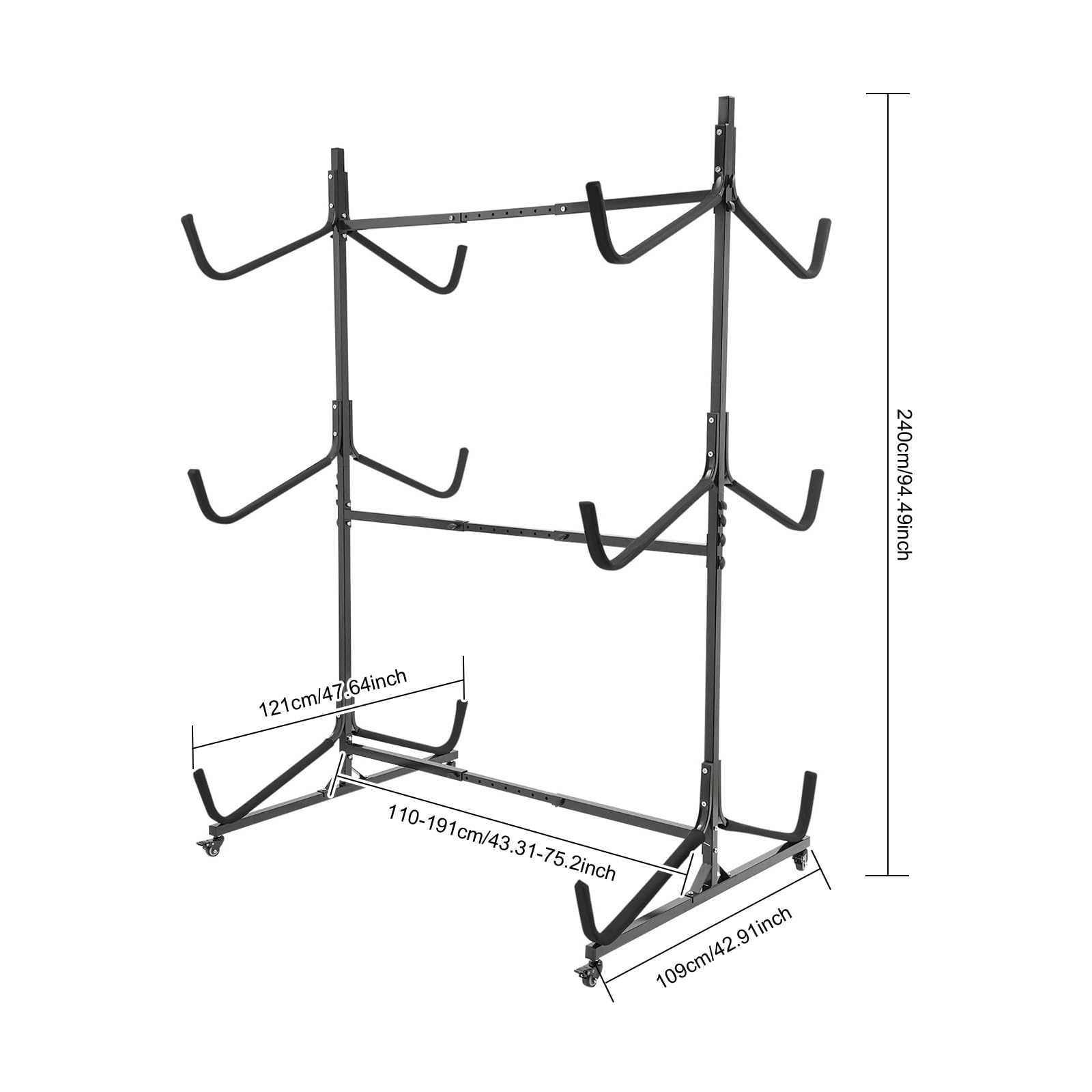 GDAE10 Freestanding Kayak Storage Rack,3-Tier Adjustable Kayak Stand for 6 Kayaks,with 4 Lockable Wheels,Heavy Duty Kayak Racks for Garage/Dock Storage