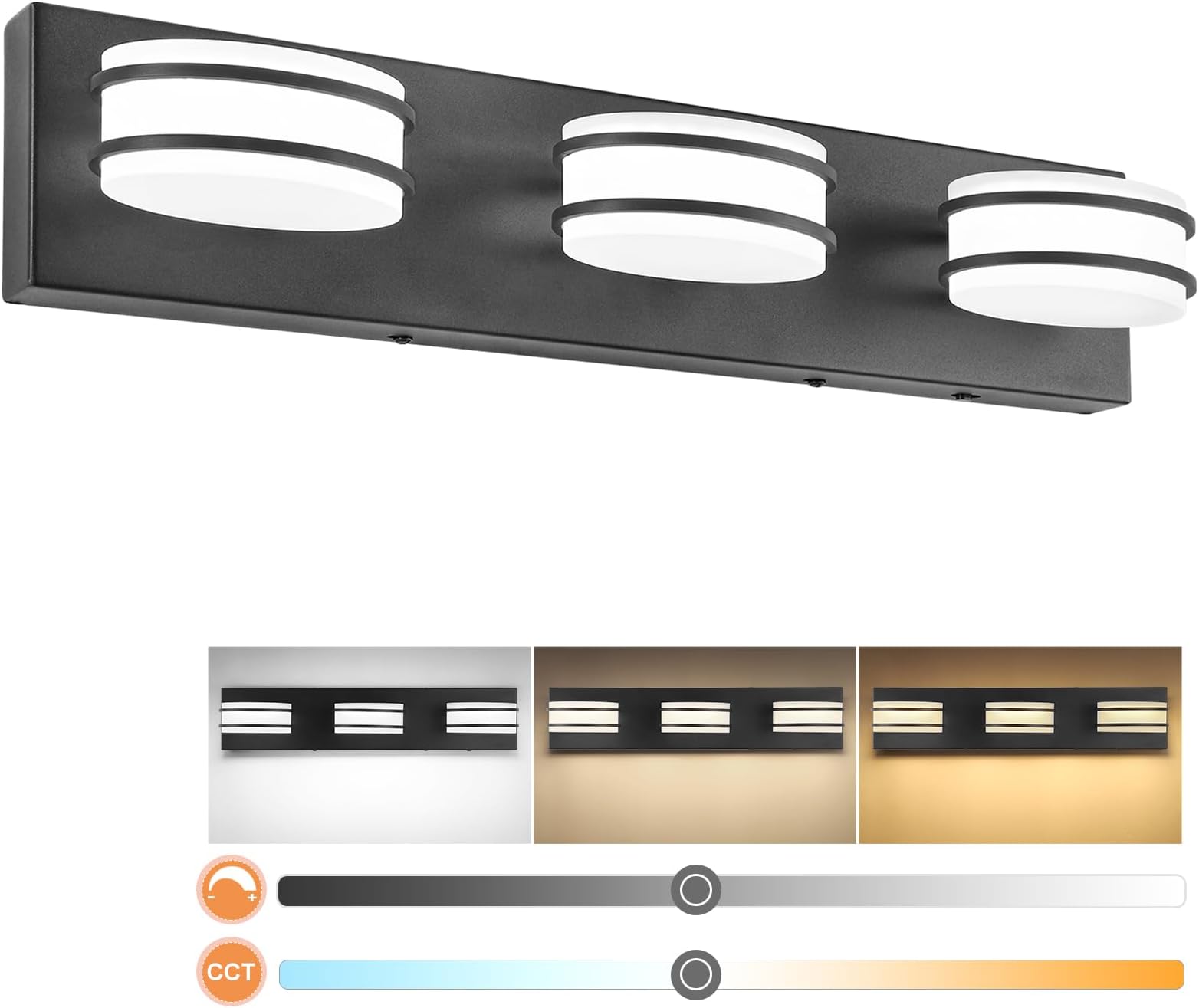 3 Color Temperature Dimmable Bathroom Light Fixtures Over Mirror LED Black 3 Light Bathroom