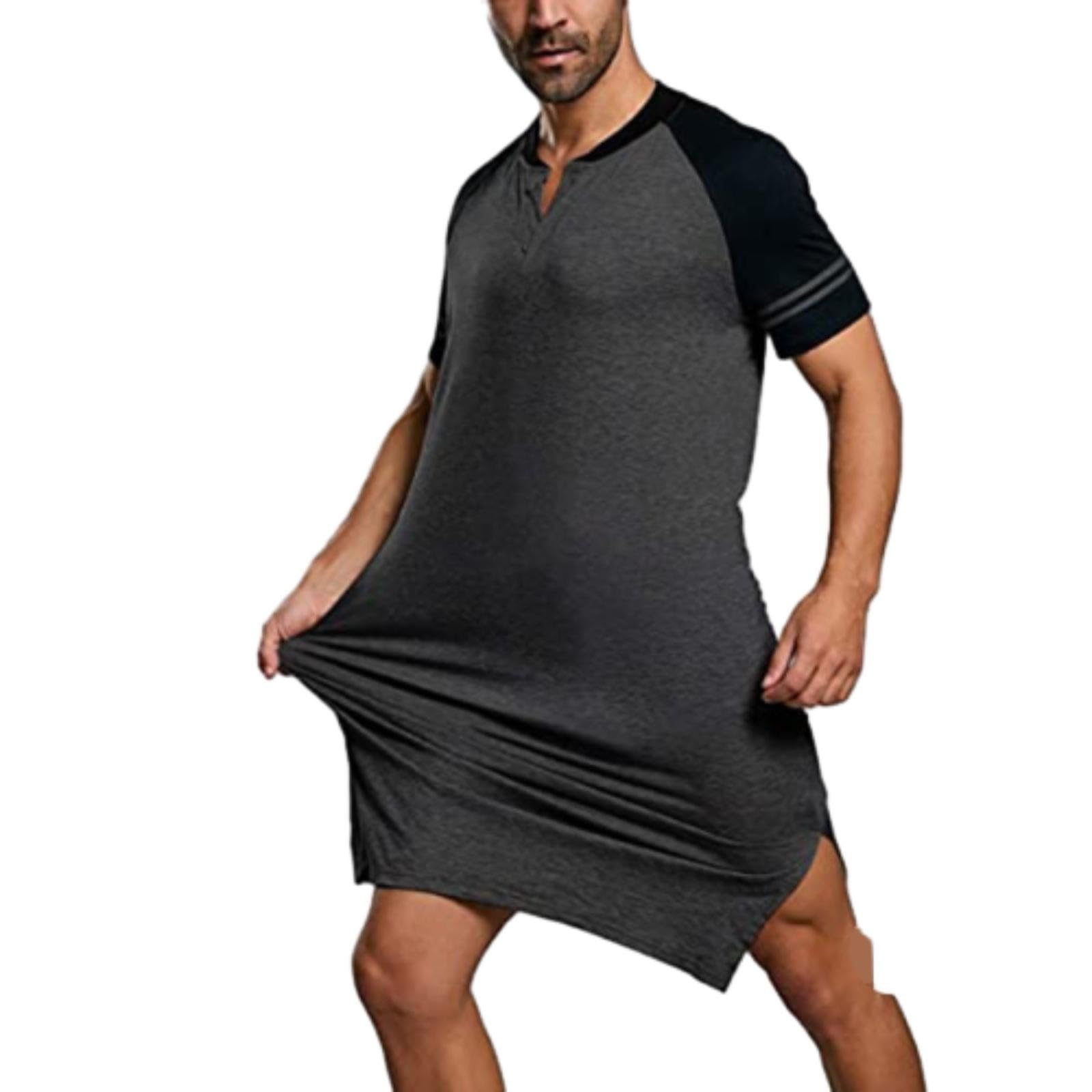Camisón de manga corta para hombre, informal, con cuello Henley, manga raglán, camiseta básica para hombre, ropa de dormir elástica hasta la rodilla, camiseta para dormir, ropa de dormir, ropa de