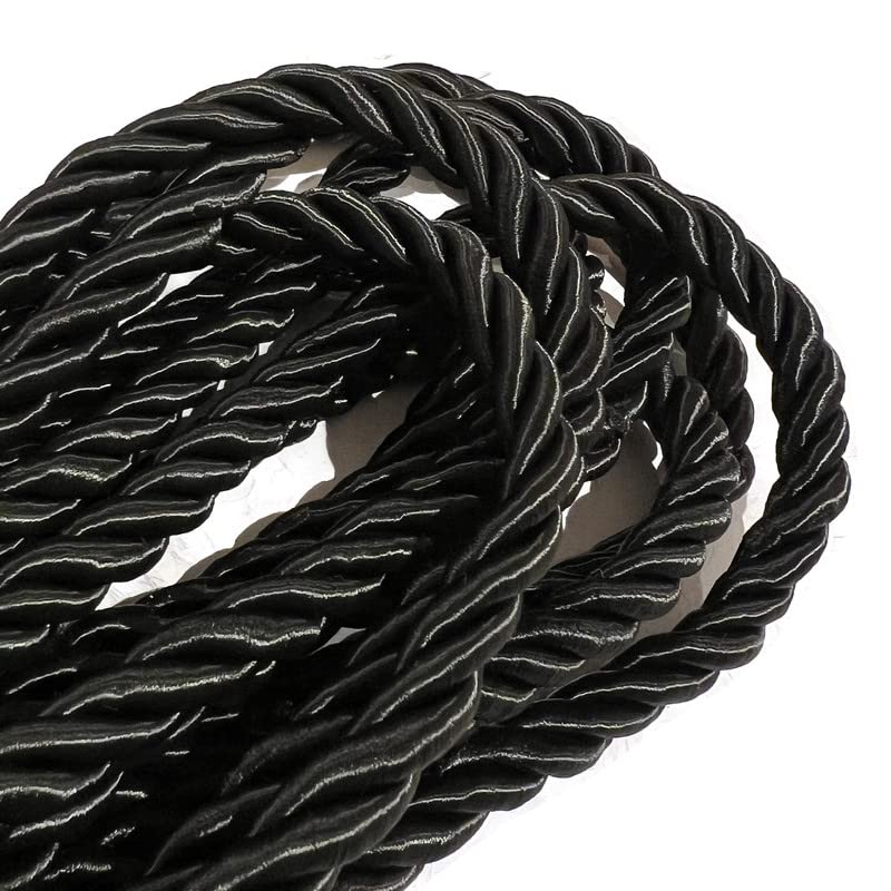10mm Black Metallic Rope Twisted Cord Strong All Purpose Rope Soft Cotton Polyester Blend 3 Strand Cord Rope for Crafting Upholstery Trim Curtain Tieback Decoration (10mm - Black - 3 Meters)