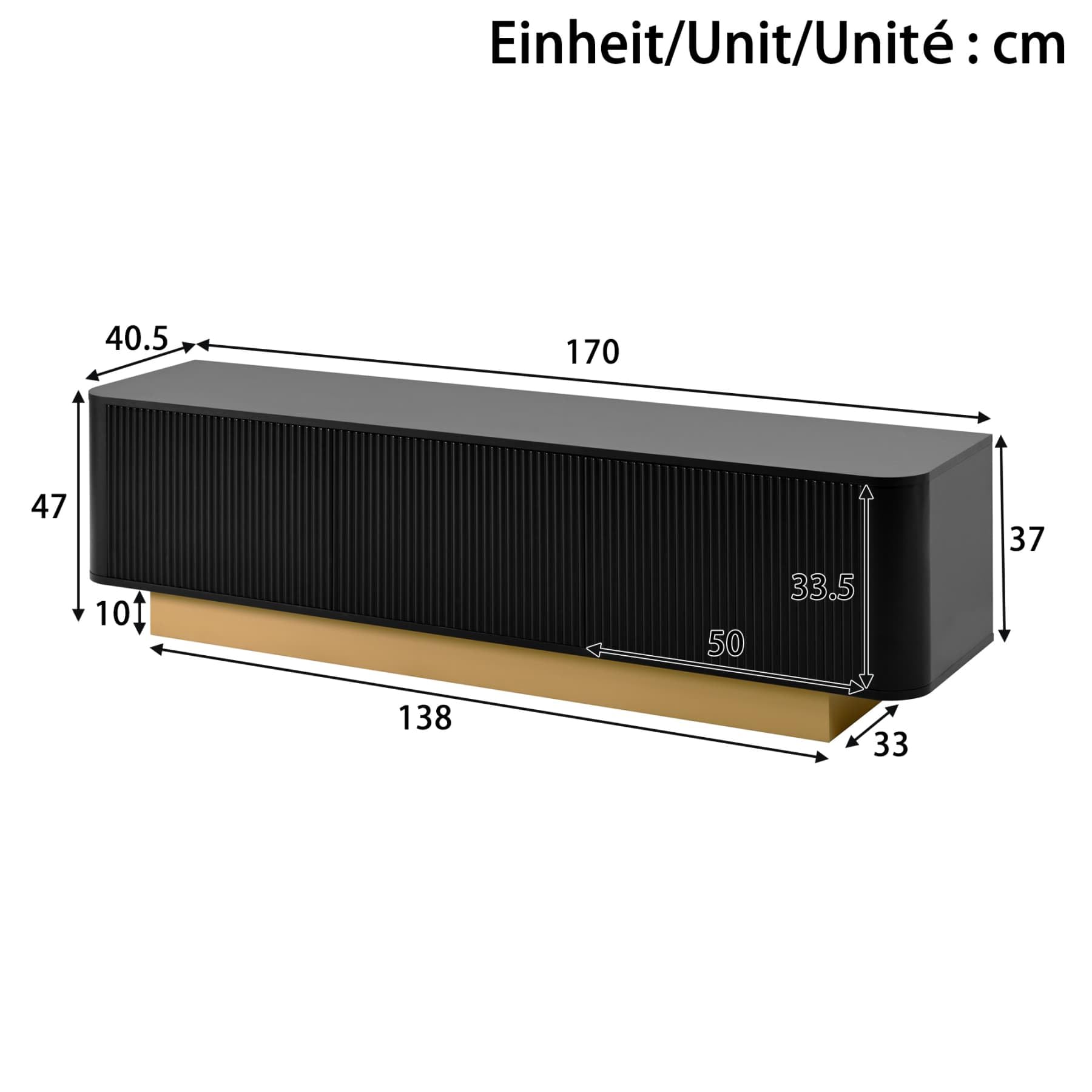 PUGSDRLY Meuble TV Moderne avec étagères réglables et 3 Portes, Meuble TV Bas avec Espace de Rangement,Design sans poignées, pour Salon et Chambres à Coucher,170x40.5x47cm (Noir)