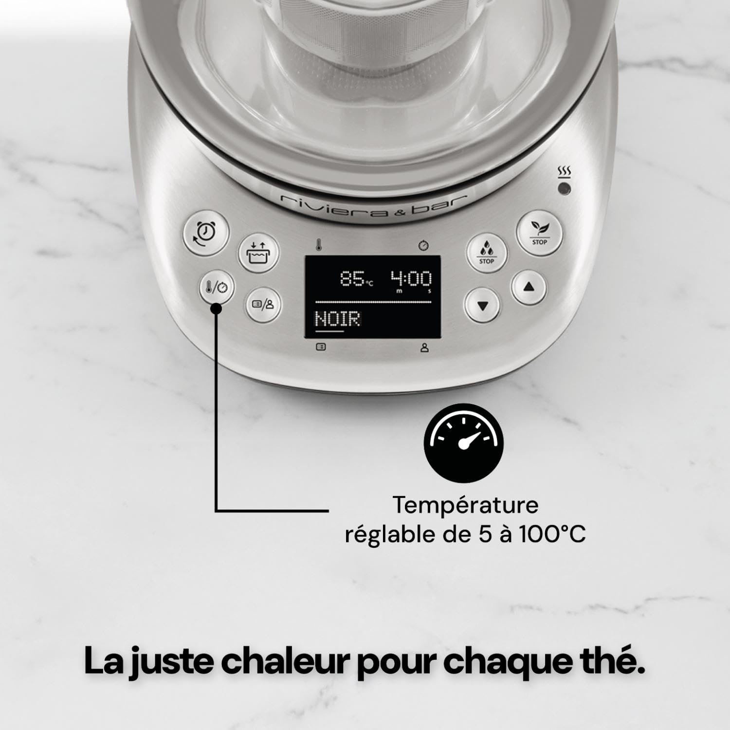 riviera&bar Théière Bouilloire CHA DAO EXPERT à Température Réglable - Verre Trempé et Inox, Mode Silencieux, Infusion Thé Optimale, Écran LCD, Programmes Personnalisables - 1,5L - Inox