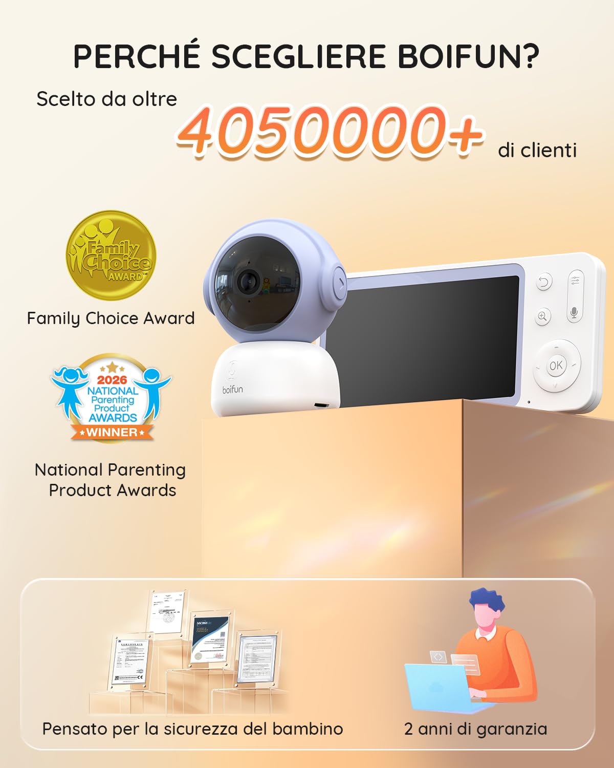 BOIFUN 2K Baby Monitor WiFi con Display 5”, Controllo Doppio App e Monitor, Avvisi Pianto e Movimento, Visione Notturna Senza Disturbi, Temperatura e Umidità, Rotazione 360°, fino a 19h