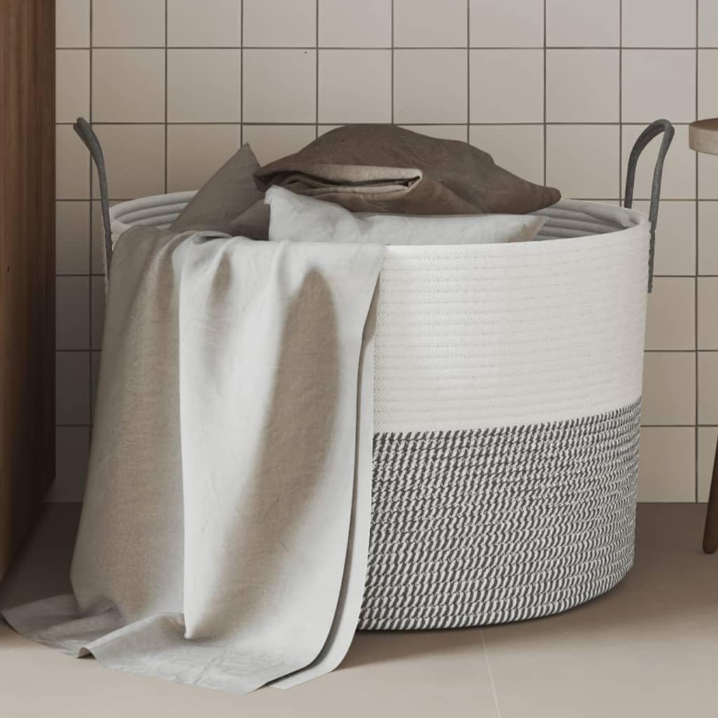 Rantry Aufbewahrungskorb Grau und Weiß Ø51 x 33 cm aus Baumwolle, Aufbewahrungskörbe, Badezimmer-Aufbewahrungskorb, Aufbewahrungskorb zum Aufhängen, Organizer zum Aufhängen