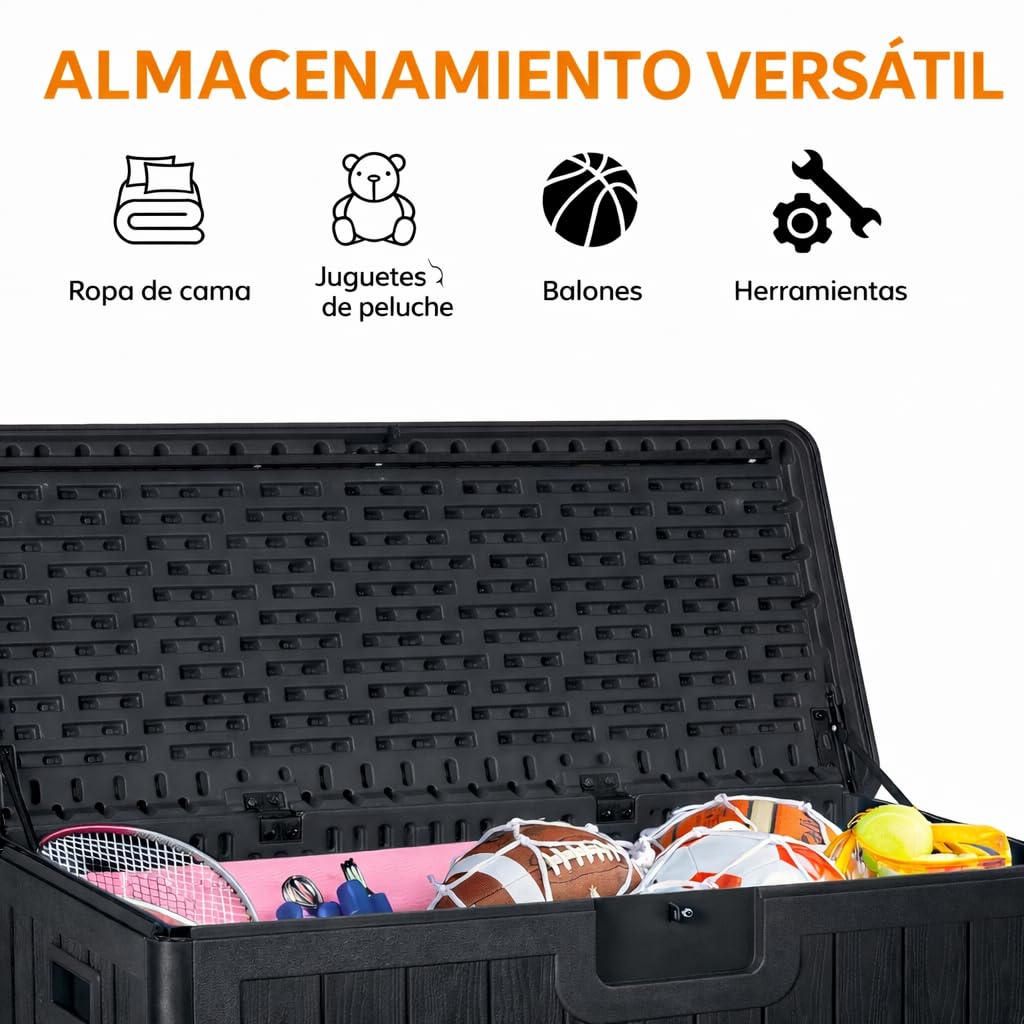 Baúl exterior almacenaje de resina impermeable multiusos 410L | Arcón de jardín resistente a la intemperie | Almacenamiento de cojines, herramientas o juguetes | Cofre organizador con tapa y asas — view 6