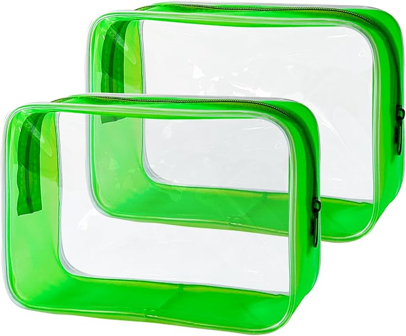 Necessaire organizadora transparente TotePrint com zíper, moldura verde, formato retangular, Pacote com 2