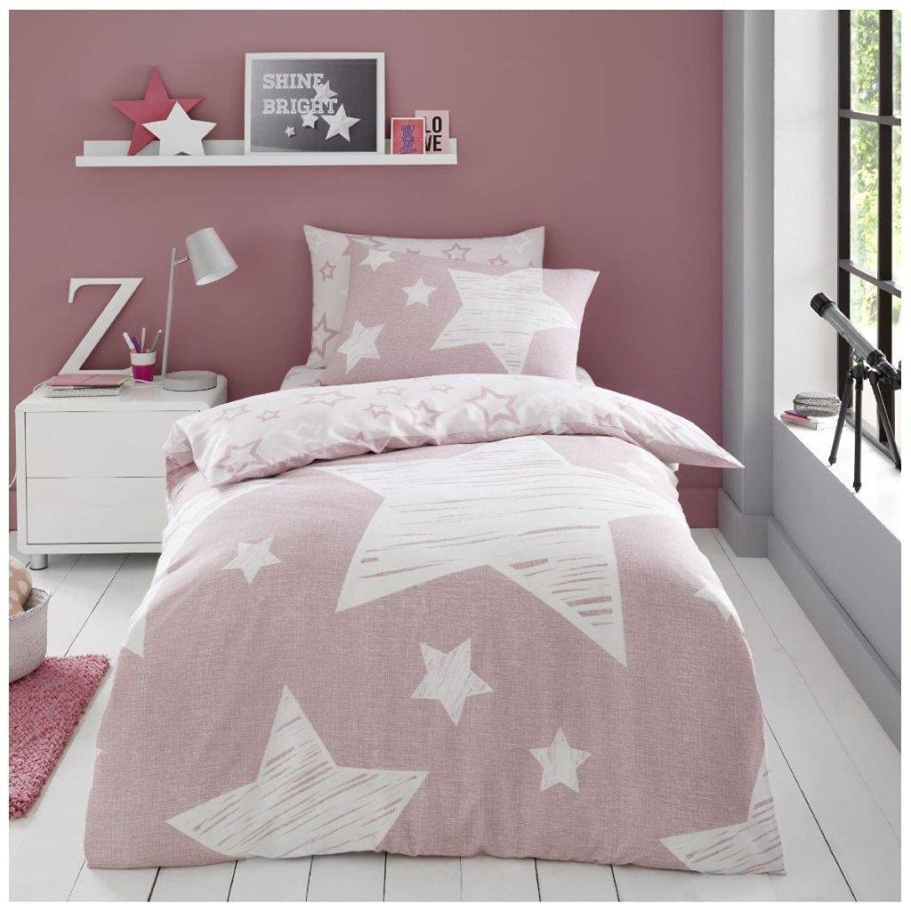 FAIRWAYUK Girls Bedding Double Bed Size, Reversible Dinosaur Duvet Cover Set With Pillow Case, Super Soft, Pink Quilt Covers, Super Stars, Pink 200x200cm