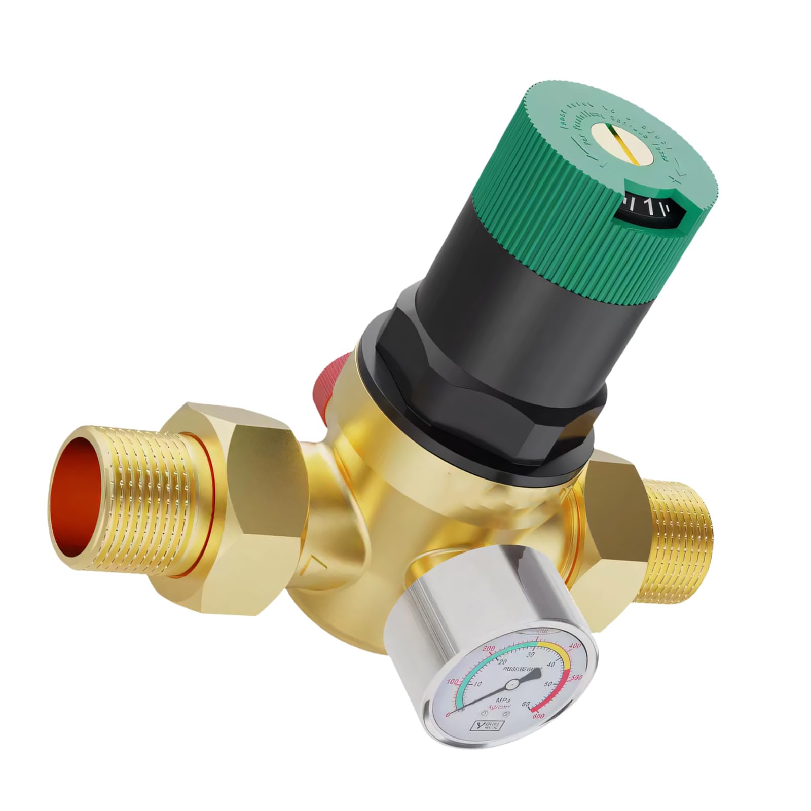 Residential Water Line Pressure Regulator with Brass Body, Gauge Reading and Top Control Knob for Pipe Systems Residential Plumbing Pressure Regulator Brass Gauge