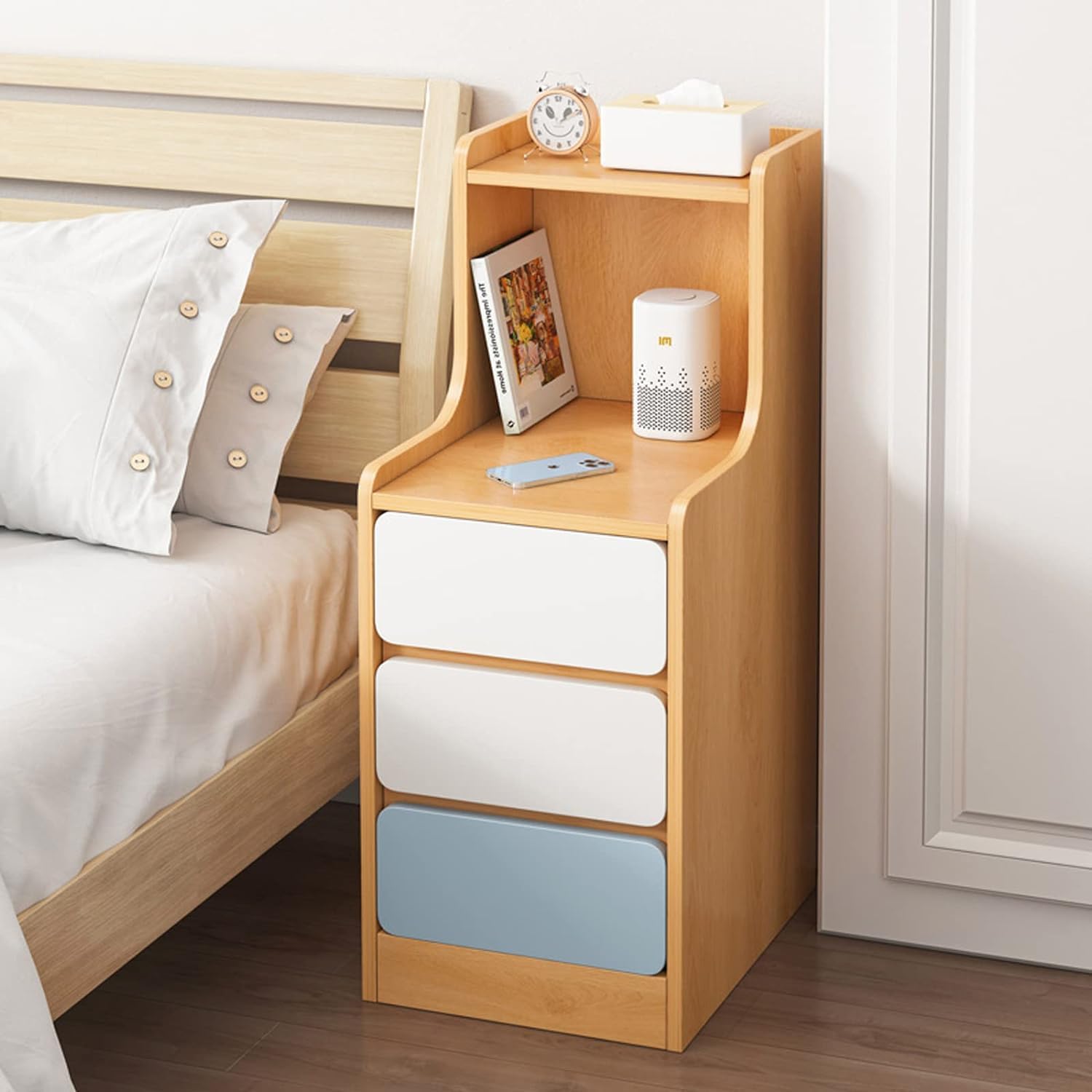 ALMEKAQUZ Simple Bedside Table, Modern Side Table Nightstand, Bedside Cabinet Mini Locker Storage Stand Cabinet Rack with Drawer and Open Storage Shelf, for Bedroom Living Room Sofa