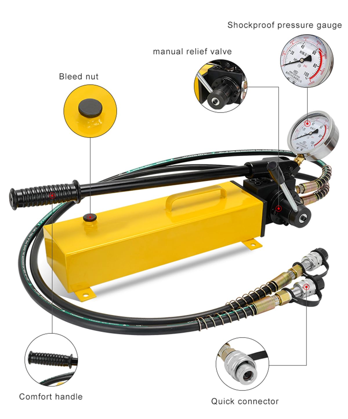 BASICM Doppeltwirkende Hydraulische Handpumpe Mit 2 X 1.8m-Schlauch Und Manometer, 700 Kg/m² (10.000 Psi) Und 3.000 cm³ Ölspeicher – Zur Verwendung Mit Verschiedenen Hydraulikwerkzeugen