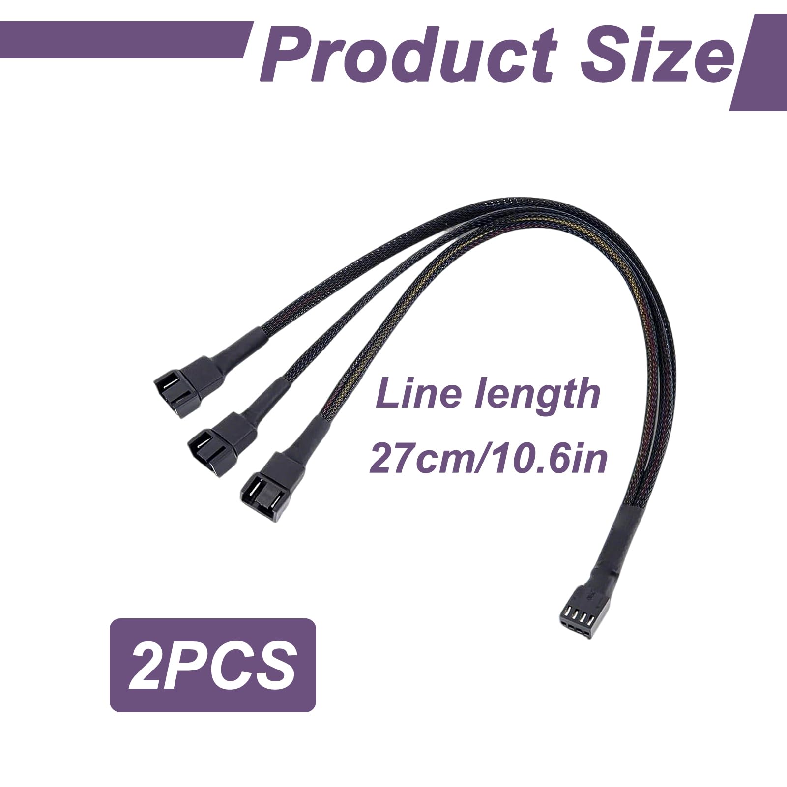 2 Stück Splitter-Lüfter, 4-poliges PWM-Splitterkabel, 1 auf 3, Splitterkabel, 4-polig, 27 cm, geflochtene Muffe, kompatibel mit Lüftern mit 3 Pin und 4 Pins, Gehäuse, CPU Watercooling