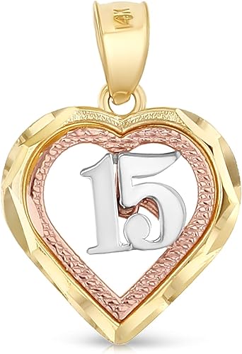 Ioka - 14K Tri Color Gold Sweet 15 Years Bday Quinceanera Heart Charm Tiny Size Pendant For Necklace or Chain