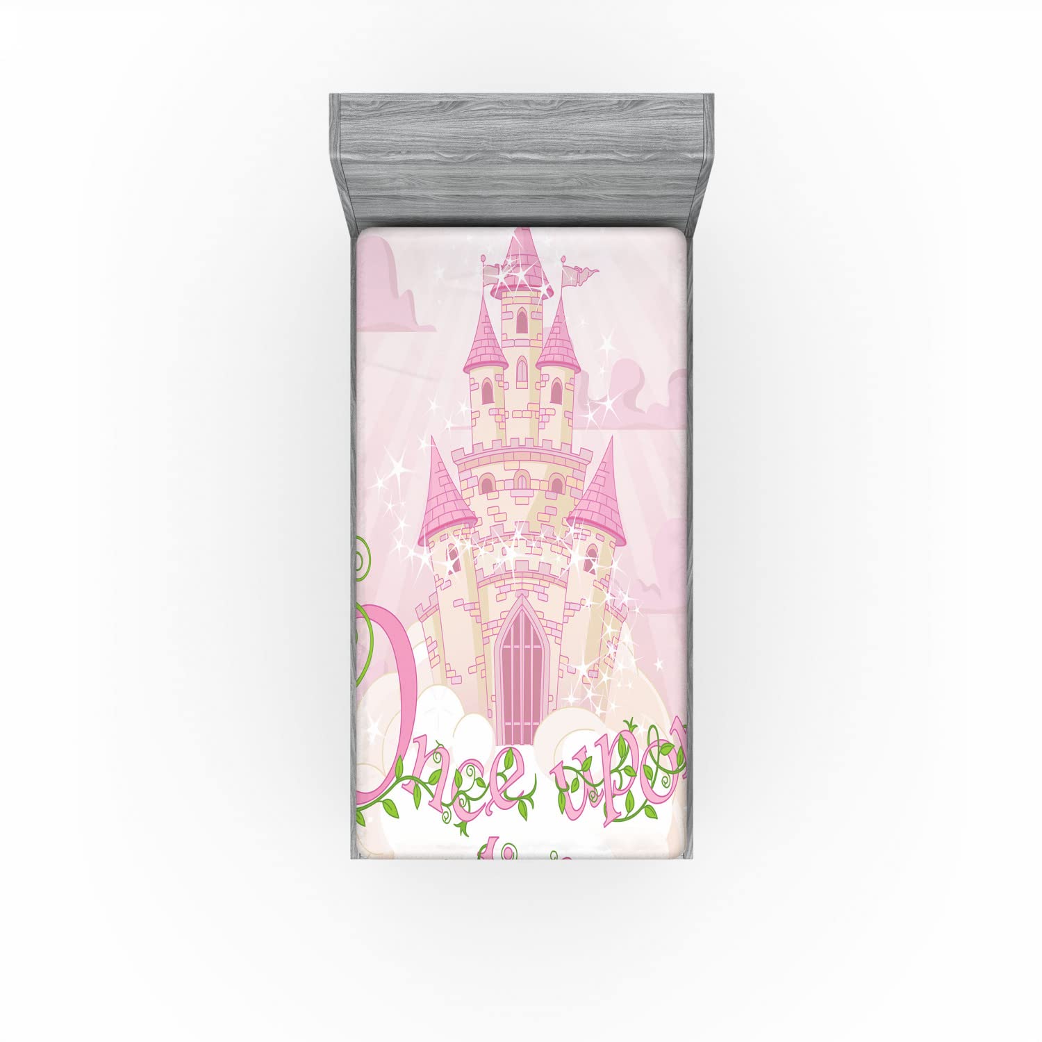 Ambesonne Once Upon a Time 2 Pack Fitted Sheet, Cartoon Castle, Bed Cover All-Round Elastic Deep Pockets 2 Pieces, Package Contains 2 Twin Size Fitted Sheets, Cream Green