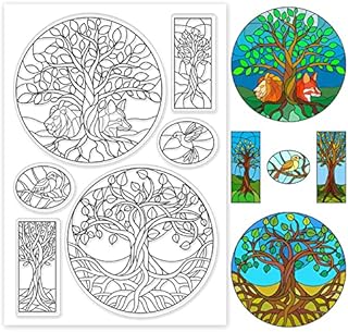 PandaHall Tree of Life Pattern Clear Stamps, Tree Bird in Circle Rectangle Transparent Rubber Stamps for Scrapbooking Stamps Card Making Decoration Photo Card Album Crafting Supplies