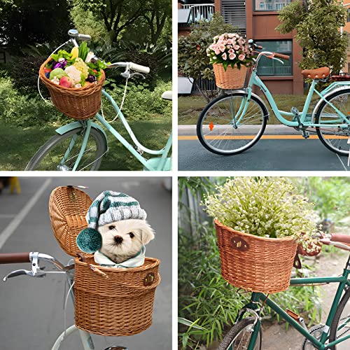 Fahrradkorb Vorne Rattan, Große Kapazität 20L Fahrrad Korb Fuer Vorne mit Deckel/Halterung/Tragegriff, Abnehmbar Weidenkorb Geflochten, Vorderradkorb Radkorb für Erwachsene, Braun
