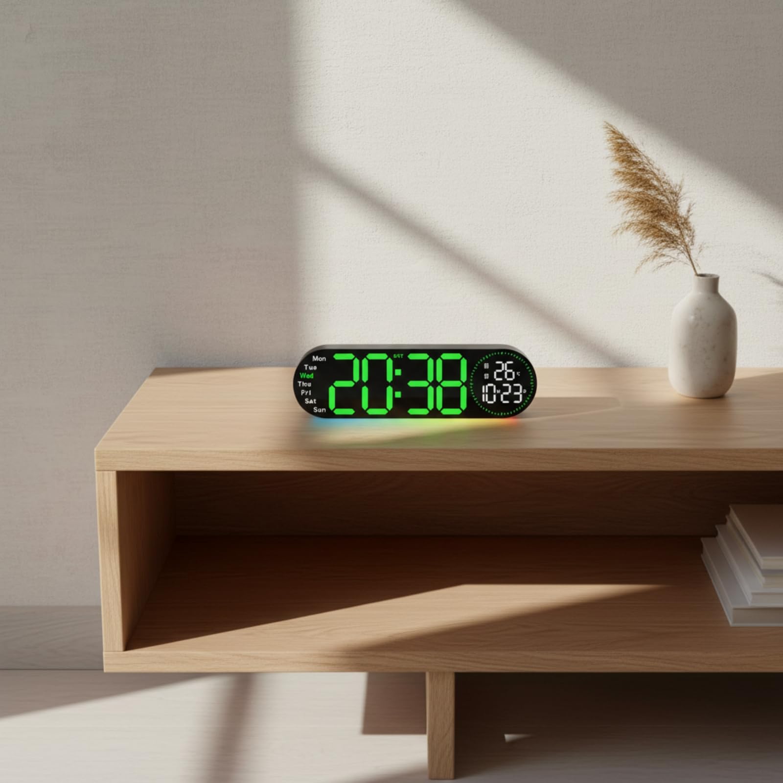 Colcolo Reloj Digital de Pared con Números Indicador a la Izquierda y Temperatura con Fecha a la Derecha Luz Ambiental Discreta y Carcasa de Plástico y PVC, Azul