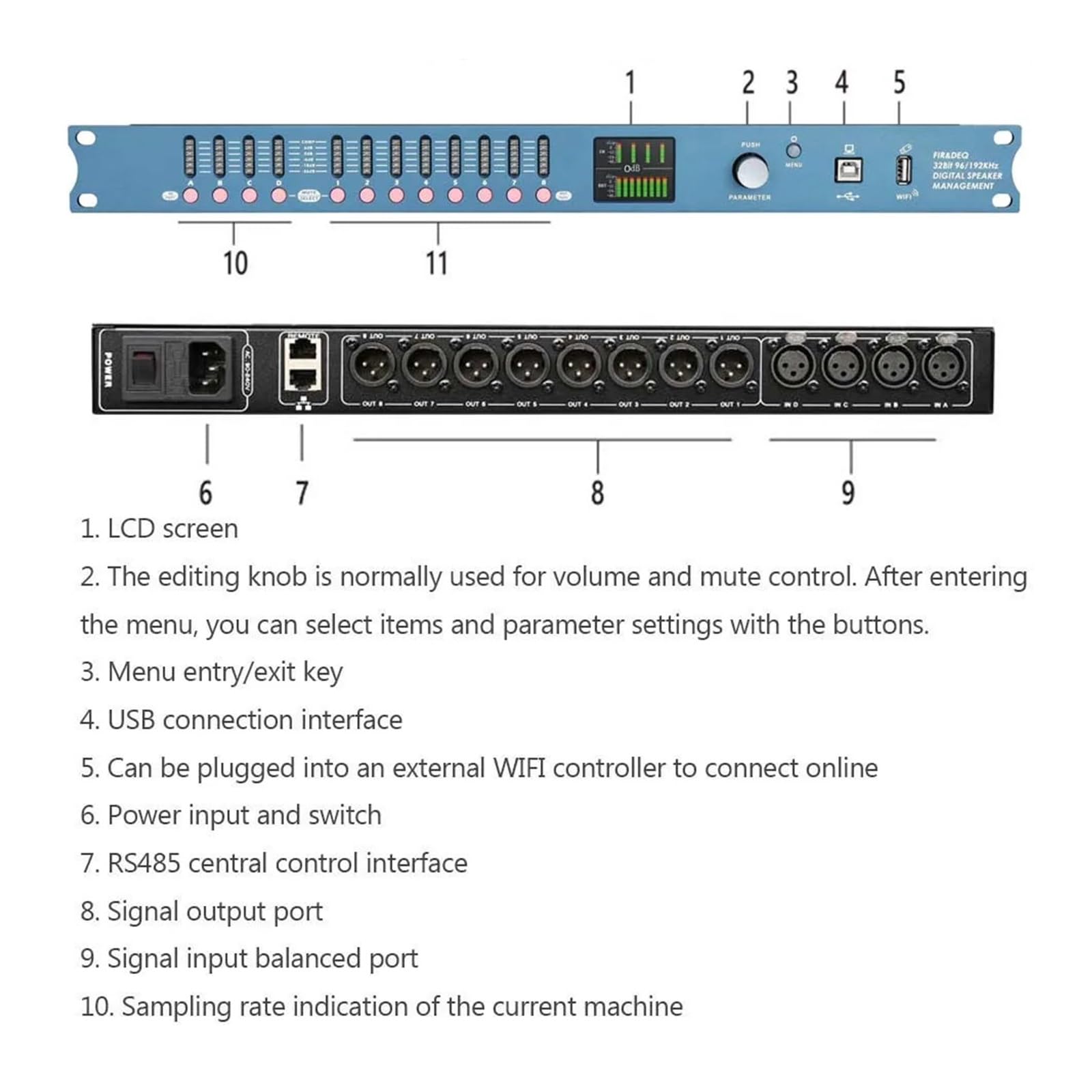 Equalizzatore Grafico DP48X Processore Audio Digitale Professionale Processore Rack for unità A 4 Ingressi 8 Uscite con di Gestione degli Altoparlanti RIR DEQ 192KHZ(Black)