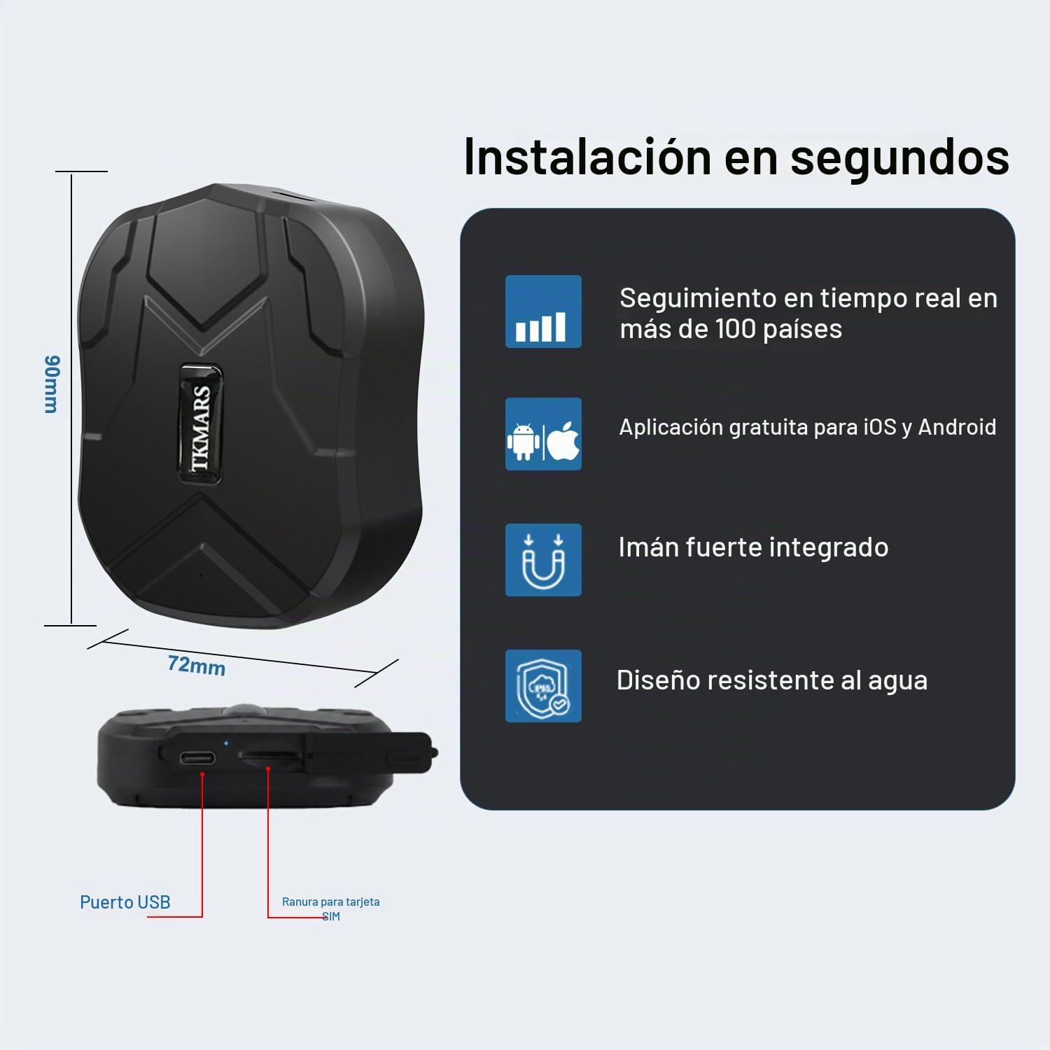 TKMARS Localizador GPS para Coche Sin Suscripción TK905 5000mAH Batería 90 Días de Espera Imán Antirrobo GPS Tracker con Seguimiento en Tiempo Real, Posicionamiento SMS, Rastreador con App Gratuita