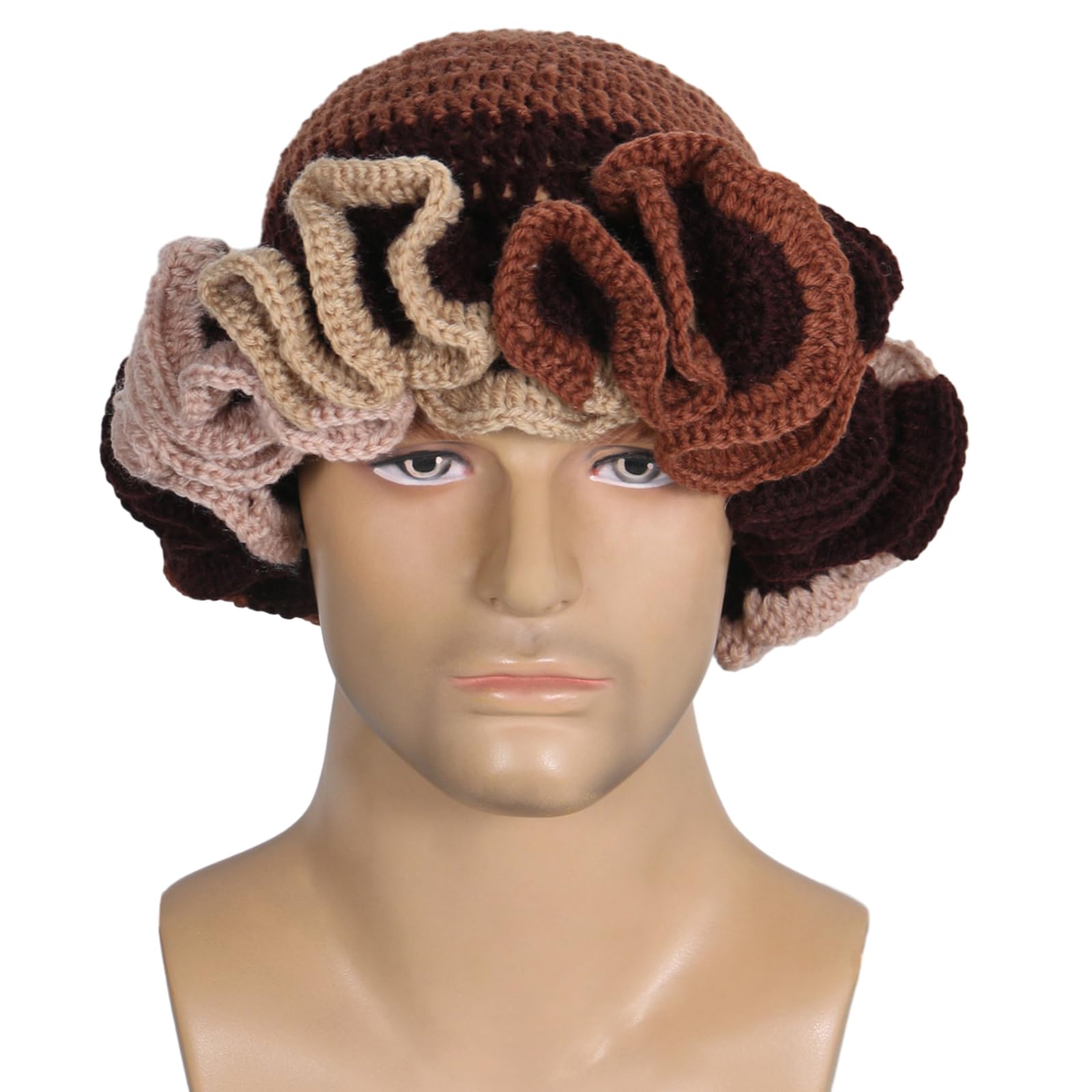 YIBOZI Handmade Crochet Bucket Hat for Woman Teen Outdoor Commute Fisherman Hat Ruffled Brim Winter Windproof Carnival Hat Knit Ruffled Brim Bucket Hat