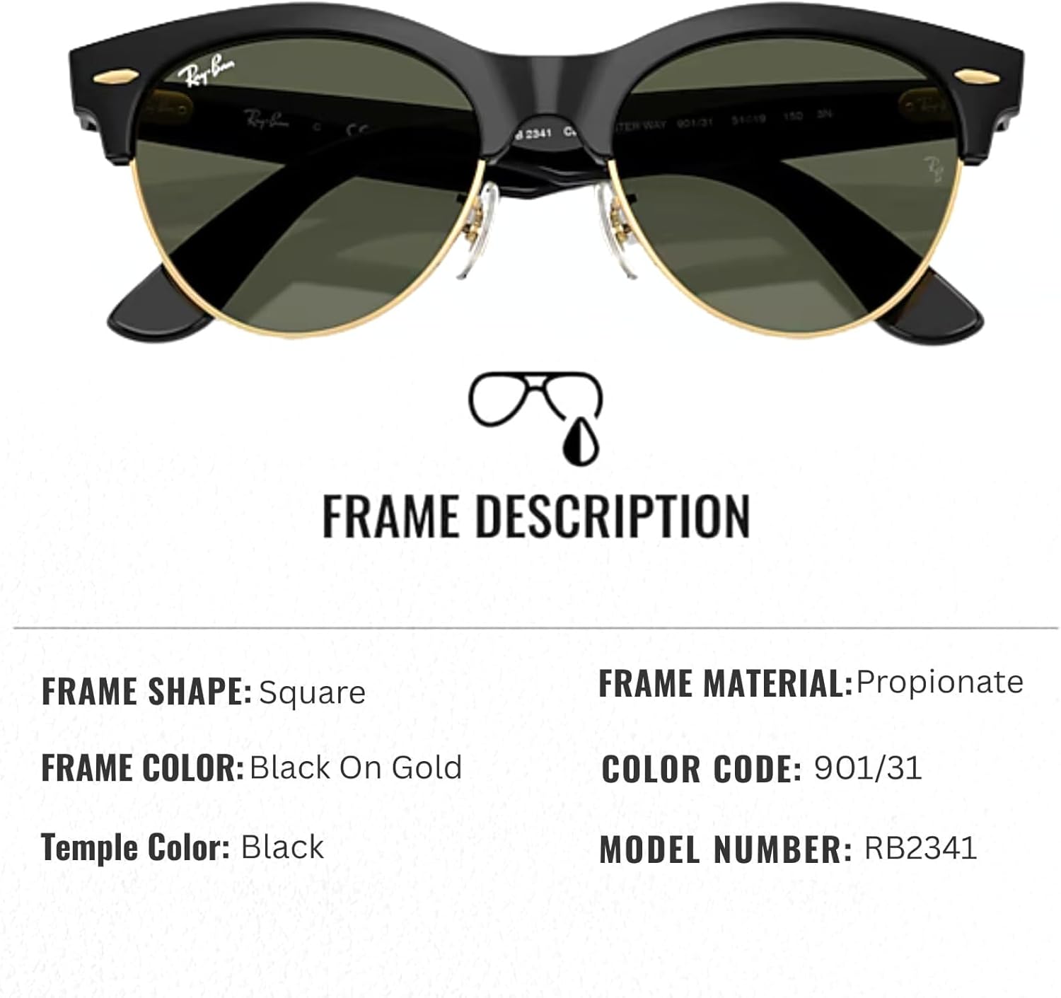 Ray-Ban RB2341 CLUBMASTER WAY Square Shaped Sunglasses for Men & Women with Official RAYBAN Eyewear Kit - Image 2