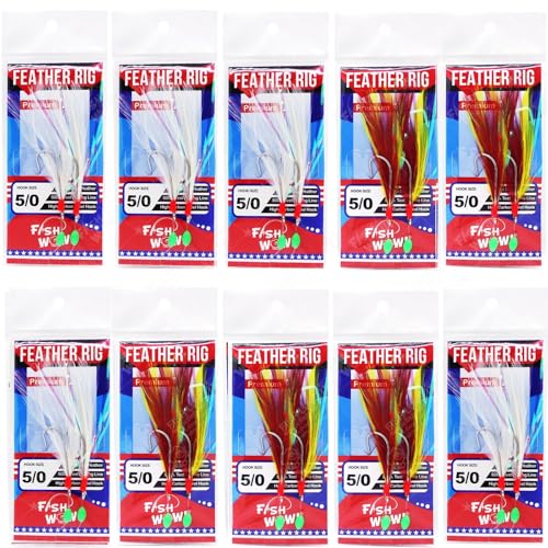 10pks Mix Colors Fish WOW!® Fishing Feather Rig with 5/0 Two High-Carbon Steel Hooks Rock cod Lures Rockfish Rigged Jigging Rig