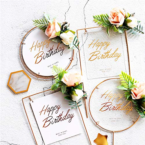 Gold Square Happy Birthday Cake Topper, Metal And Acrylic Cake Decoration With Pink Artificial Flower Cluster, Birthday Party Supplies For Girls And Women #TOP6