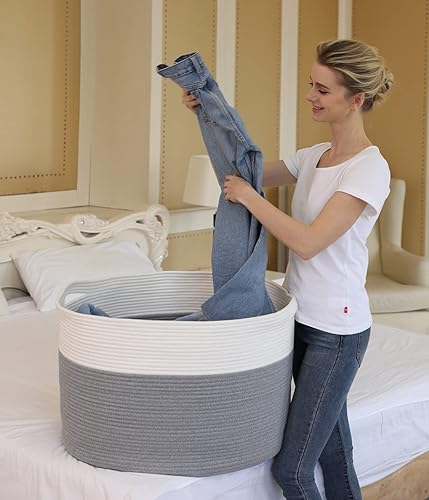 Miniatura 6 de Cesta grande de cuerda de algodón de tamaño máximo de 24 x 24 x 17 pulgadas, cesta de almacenamiento extragrande, cesta de lavandería tejida,