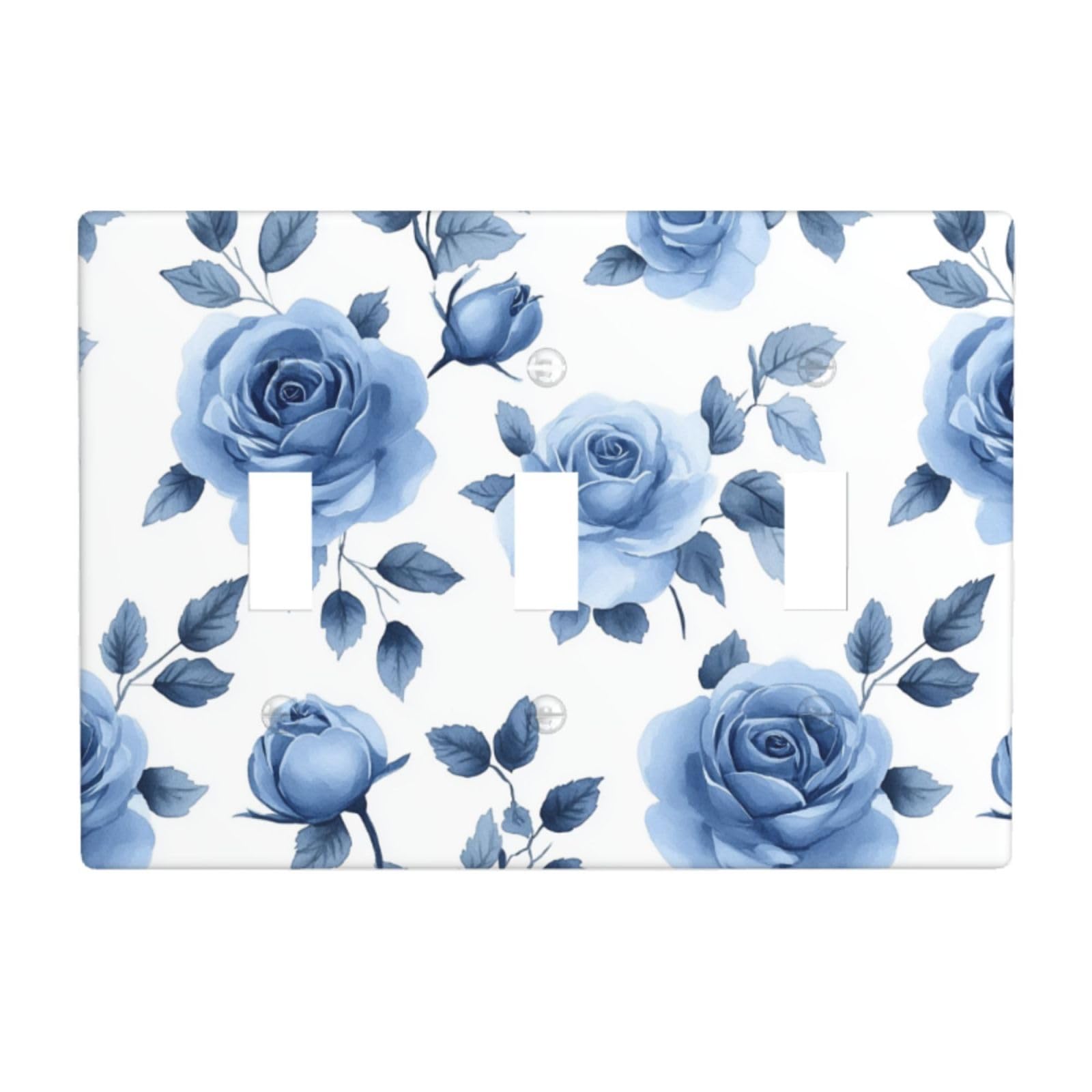 Vintage Watercolor Tiny Light Blue Roses Light Switch Covers 3 Gang Triple Toggle Wall Plate Switchplate Electrical Faceplate for Bathroom Kitchen Bedroom Decor