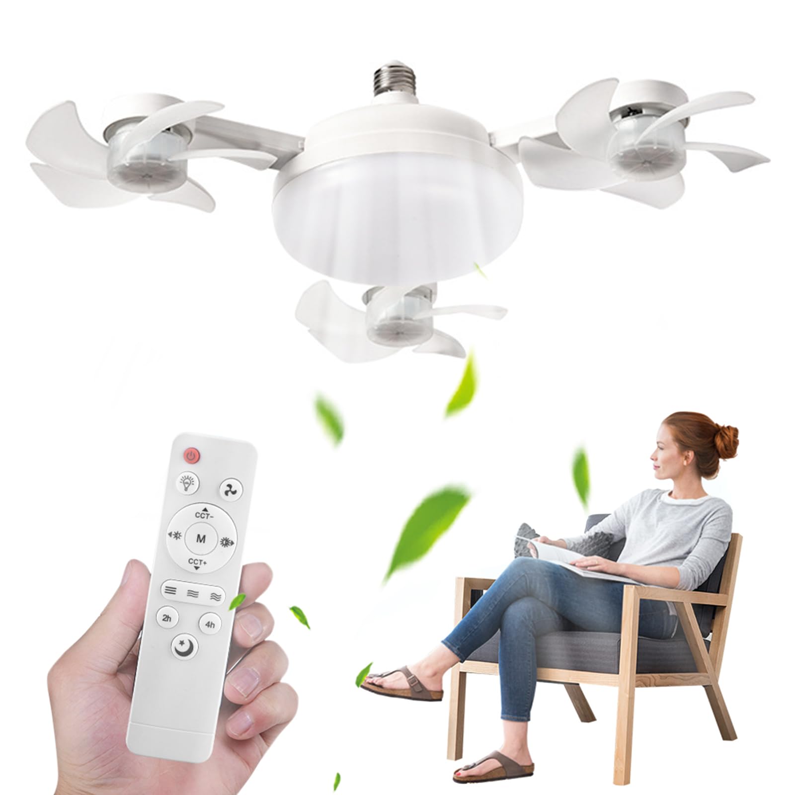 E27 Dimmable LED Socket Drone Fan Light with RC & Extension Rod Screw in Ceiling Fan Lamp 3-Speed 2 in 1 Hanging Fans for Bedroom Kitchen Working Space