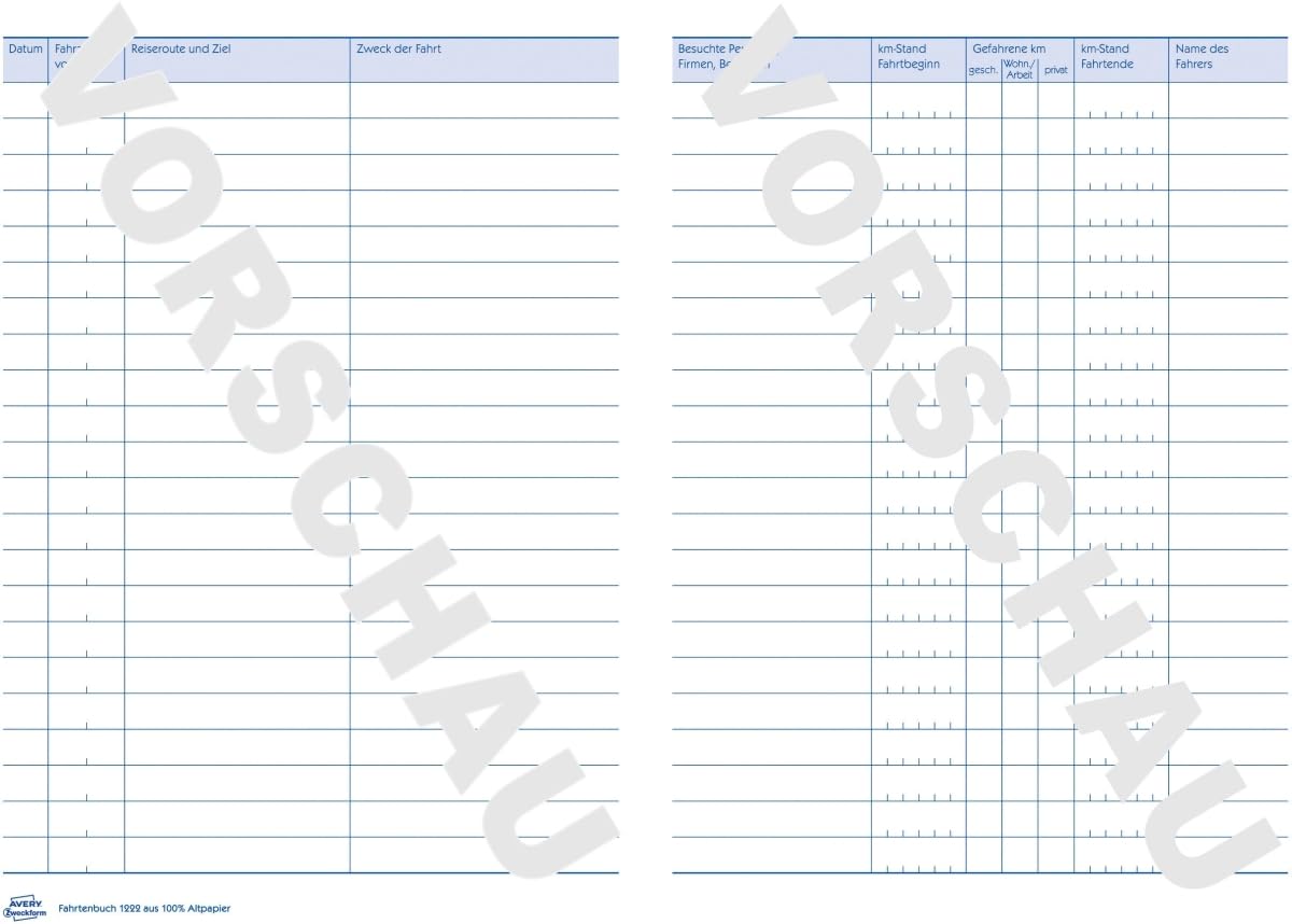 AVERY Zweckform 10 x Formularbuch Fahrtenbuch A5 RC PKW 32 Blatt mit Ausfüllhilfe