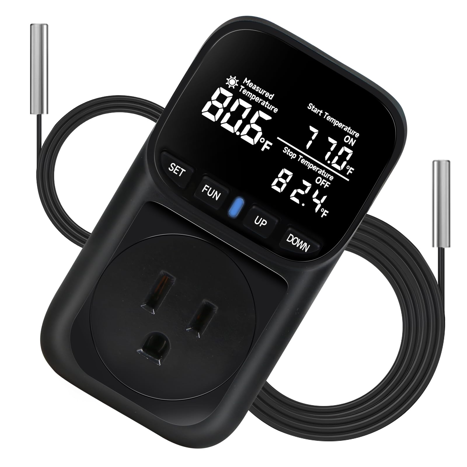 1800W Digital Thermostat for Reptile Tank, -40℉~210℉, Plug in Thermostat for Heater/Greenhouse with 5m/2m Cable, 15A Temperature Controlled Outlet with VA Display, Temp ±0.1°F, Black