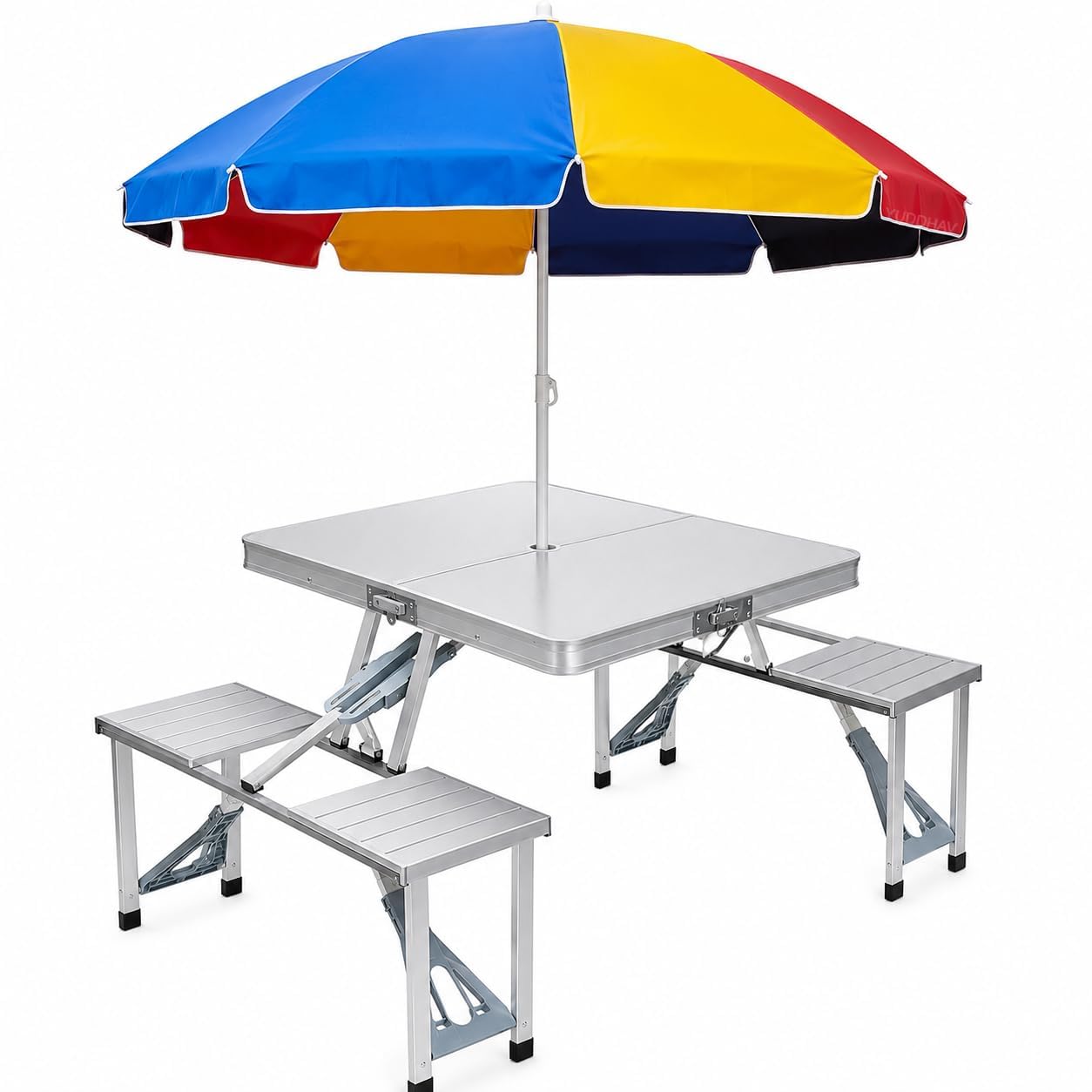 All-in-One Folding Picnic Table Set with 4 Built-in Stools, Aluminium Camping Table with Centre Umbrella Stand for Beach, Patio & Travel-image-45