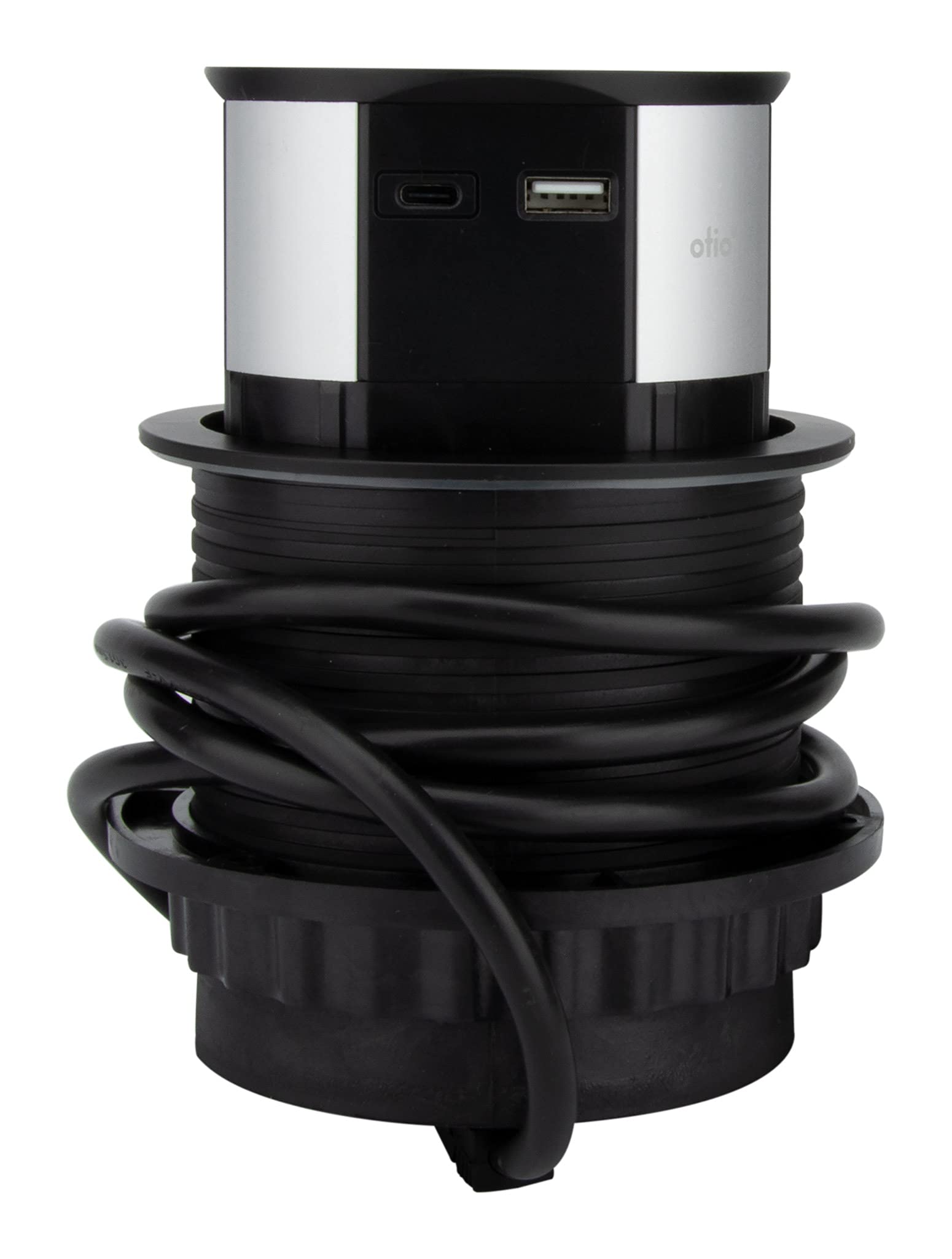 Otio, Steckdosenleiste mit 3 Steckdosen, 16 A + 2 USB-Ports (USB-C) und Induktionsladegerät 10 W – Schwarz – Kabel 1,5 m – Durchmesser Bohrung Ø 10 cm – Höhe aufgeklappt 6 cm – kompaktes und elegantes