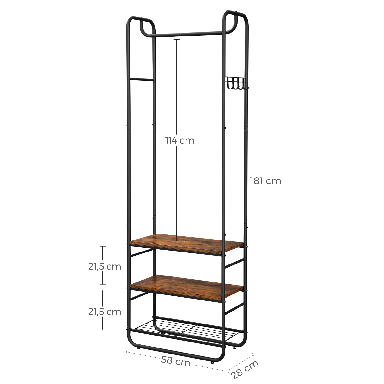 VASAGLE Garderobenständer, Garderobe, Kleiderständer, mit Schuhablage, Schuhregal, Flur, Schlafzimmer, 58 x 28 x 181 cm, Industrie-Design, braun + schwarz HSR81BX