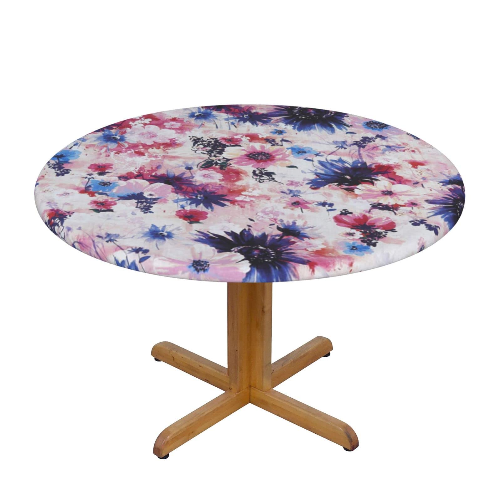 Lsjuee Round Fitted Tablecloth 45-50in Elastic Edged Table Cloth for Kitchen Dining Party Home Decor - Pink Wildflowers Beautiful Bright