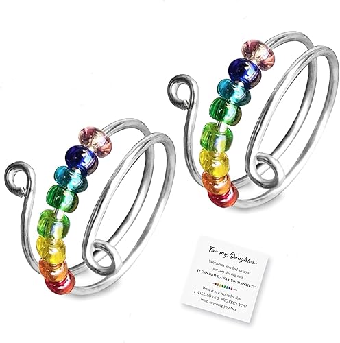 Anillo para la ansiedad con texto en inglés "To My Daughter", diseño de arco iris, cuentas coloridas ajustables y abiertas, para aliviar la