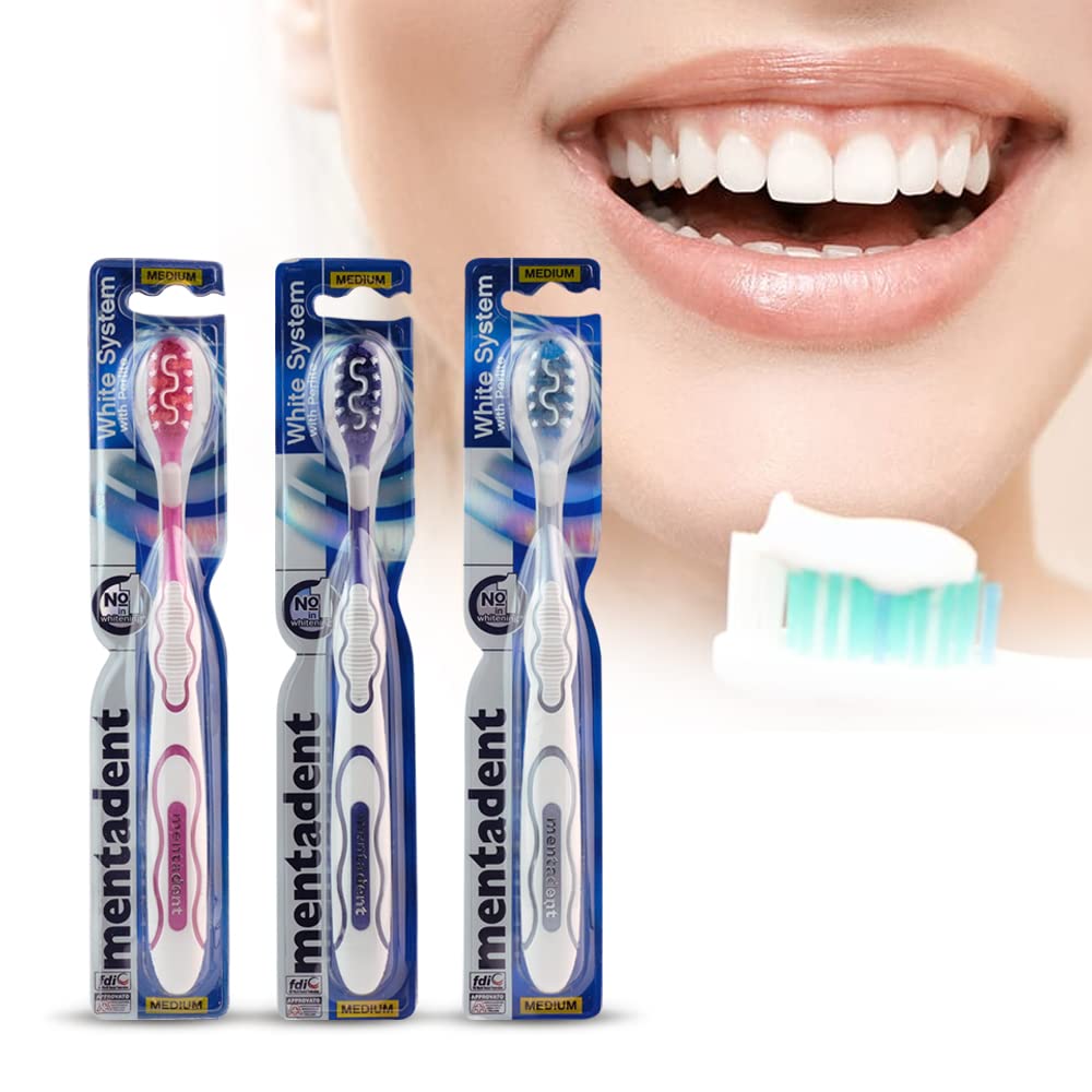 Mentadent spazzolino da denti Antibatterico White System With Perlite Medio, Kit da 12 spazzolini, con Cappuccio, Colori: Blu, Rosa, Grigio Piccolo