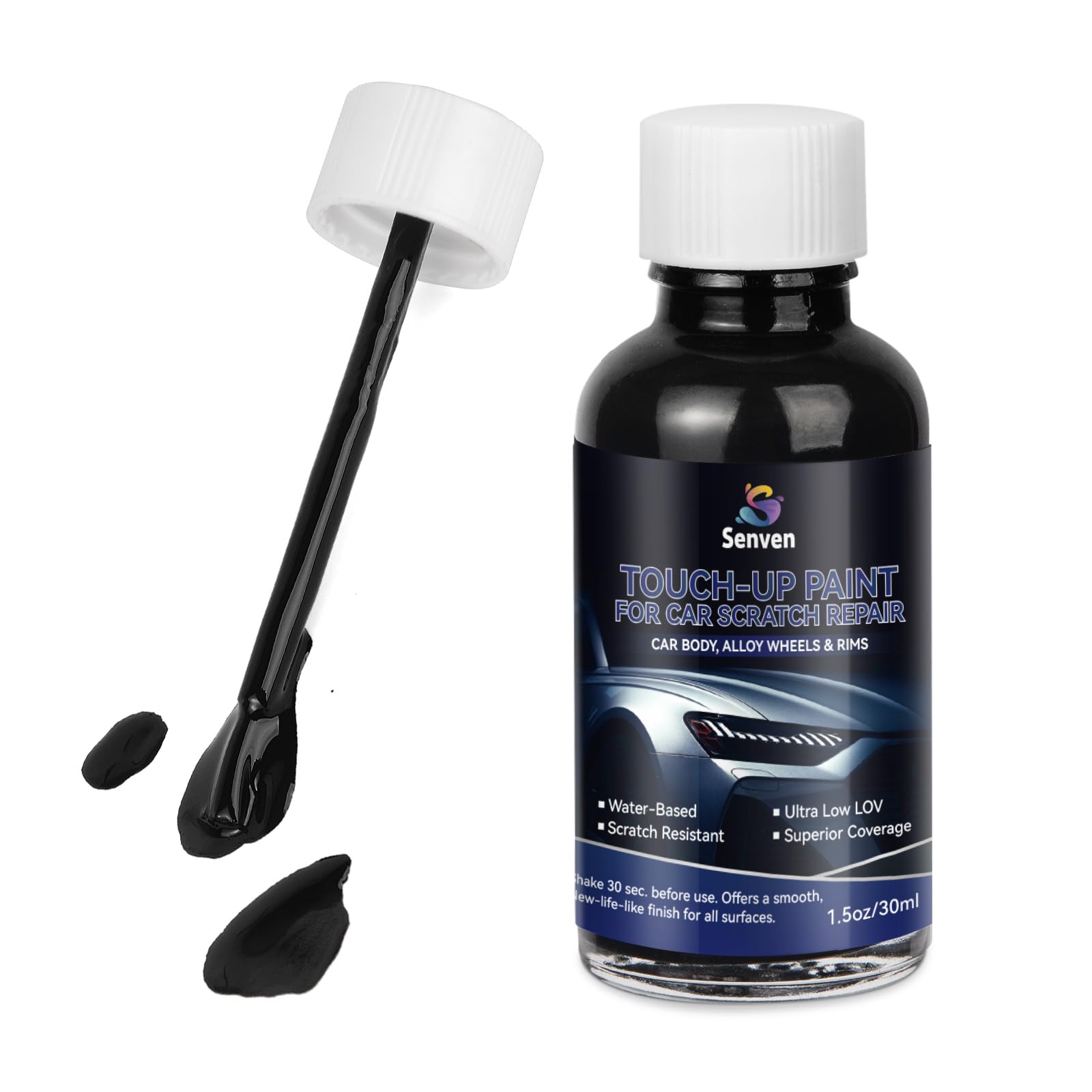 Lápiz de pintura negra para retoque de autos, reparación de rayones para llantas de vehículos, de alto brillo, 30 ml, secado rápido, reparación de rayones automotrices, no tóxico, 1 5 oz, fácil de usar