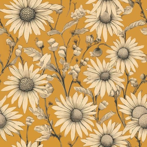 Livelynine Papel Pintado Autoadhesivo Flores Vintage Amarillo Mostaza Papel Pintado Pared Dormitorio Salon Vinilo Adhesivo Muebles Floral Amarillo Armario Boho Vinilos Adhesivos Pared Baño 44.5CMx2M