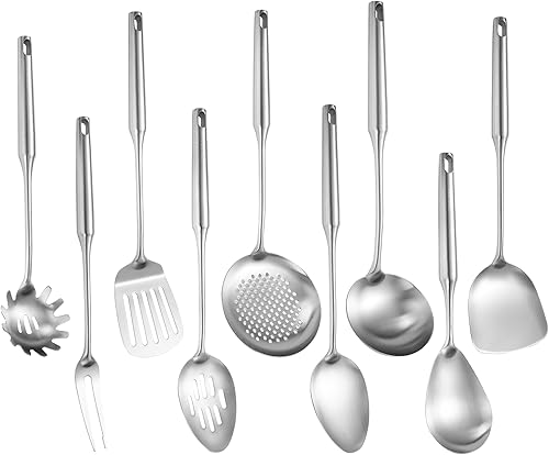 Miniatura 9 de NIITAWH Utensilios de cocina de acero inoxidable 304, juego de 9 utensilios de cocina de metal, cuchara sólida, cuchara ranurada, tenedor, espátula,