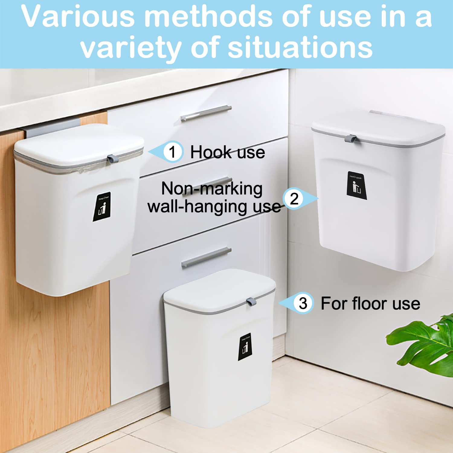 Accmuzzy Küchenabfalleimer, 9 l Mülleimer, Hängender Mülleimer Küche mit Deckel für Badezimmer/Schlafzimmer,Mülleimer Wohnwagen,Komposteimer für Küche