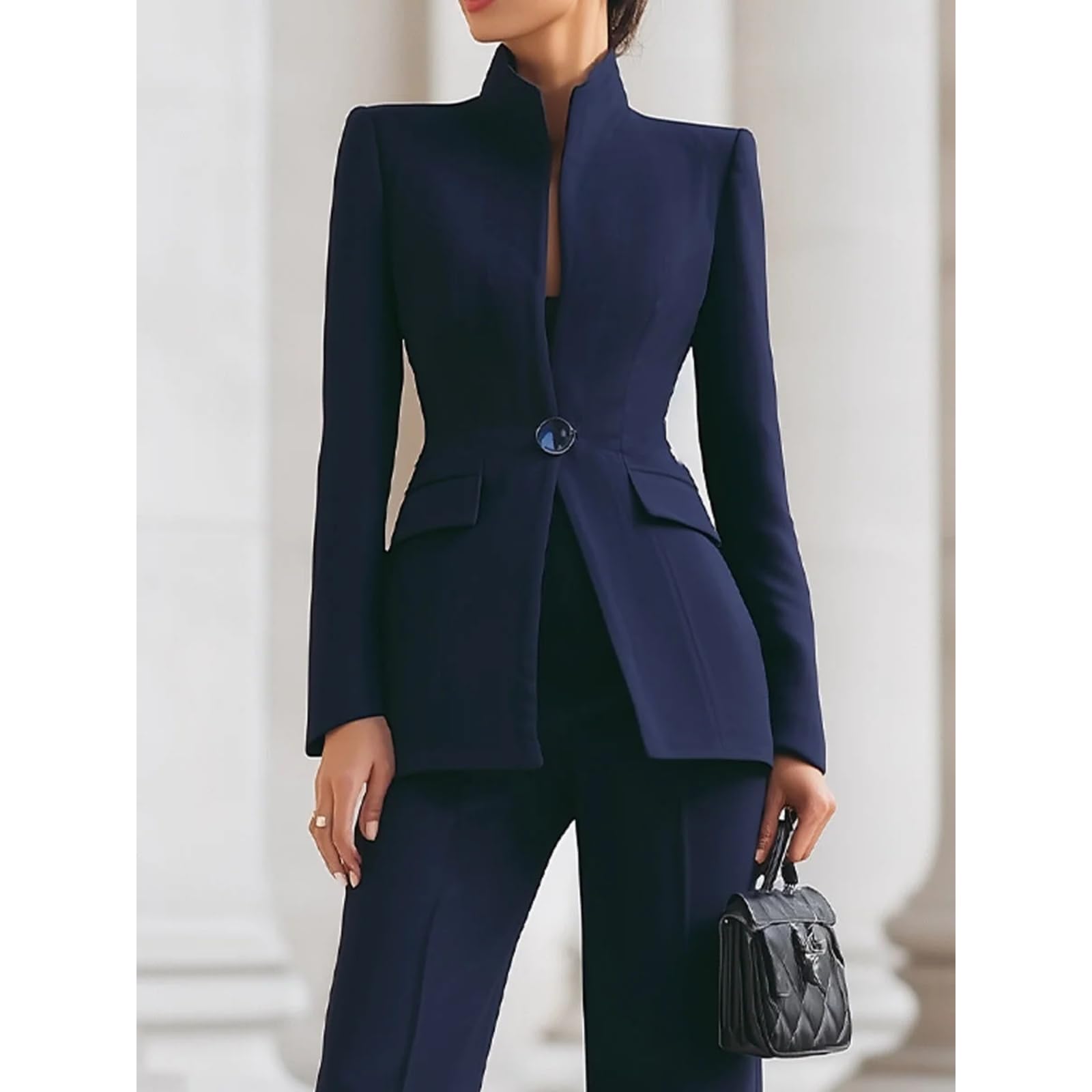 Completo da Donna Primaverile Blazer Business a Maniche Lunghe con Collo Alto Tasca e Chiusura a Un Bottone + Pantaloni a Gamba Larga in Tinta Unita - Elegante Outfit da Ufficio
