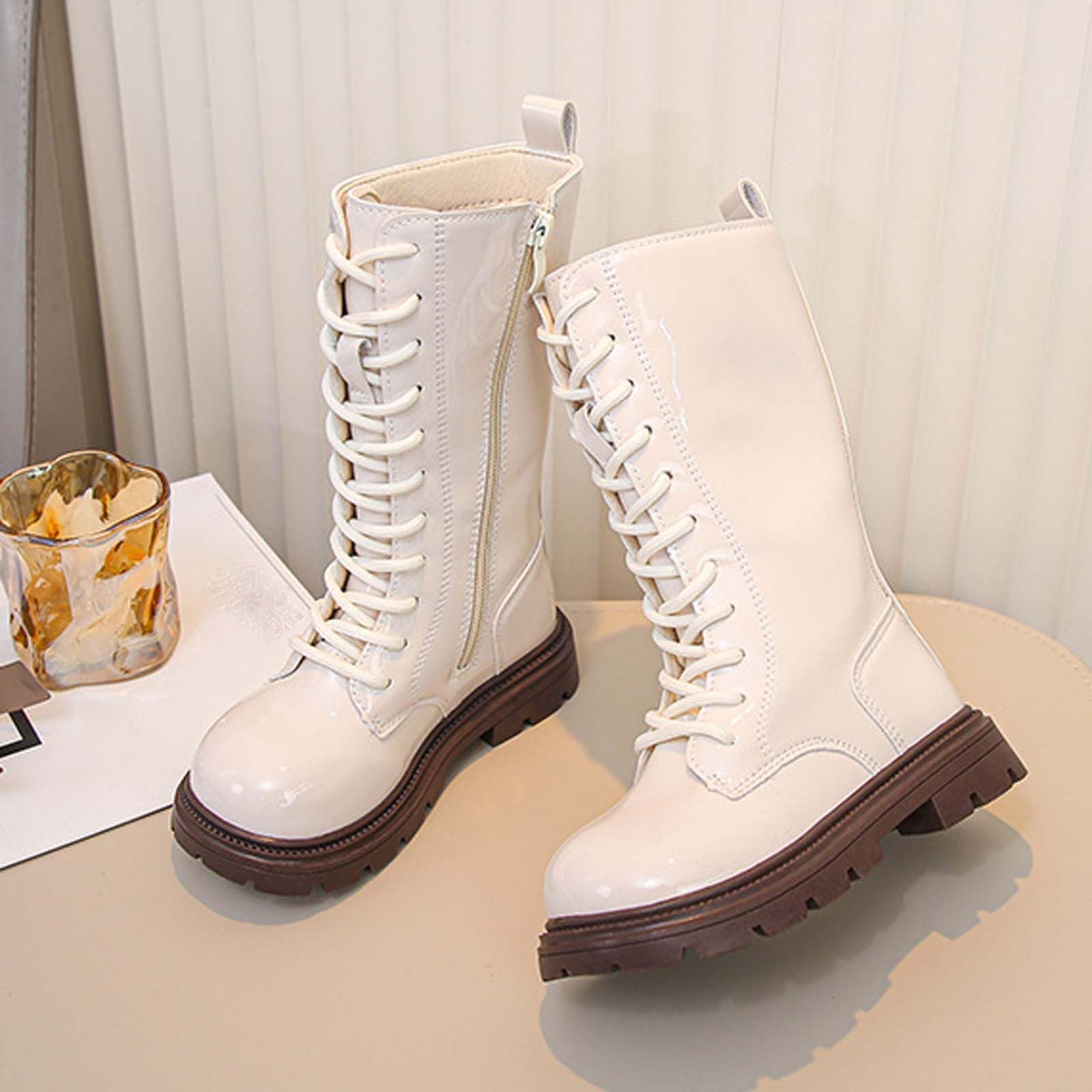 Mädchen Stiefel Langschaft Schnürstiefel Leder Glänzende Boot