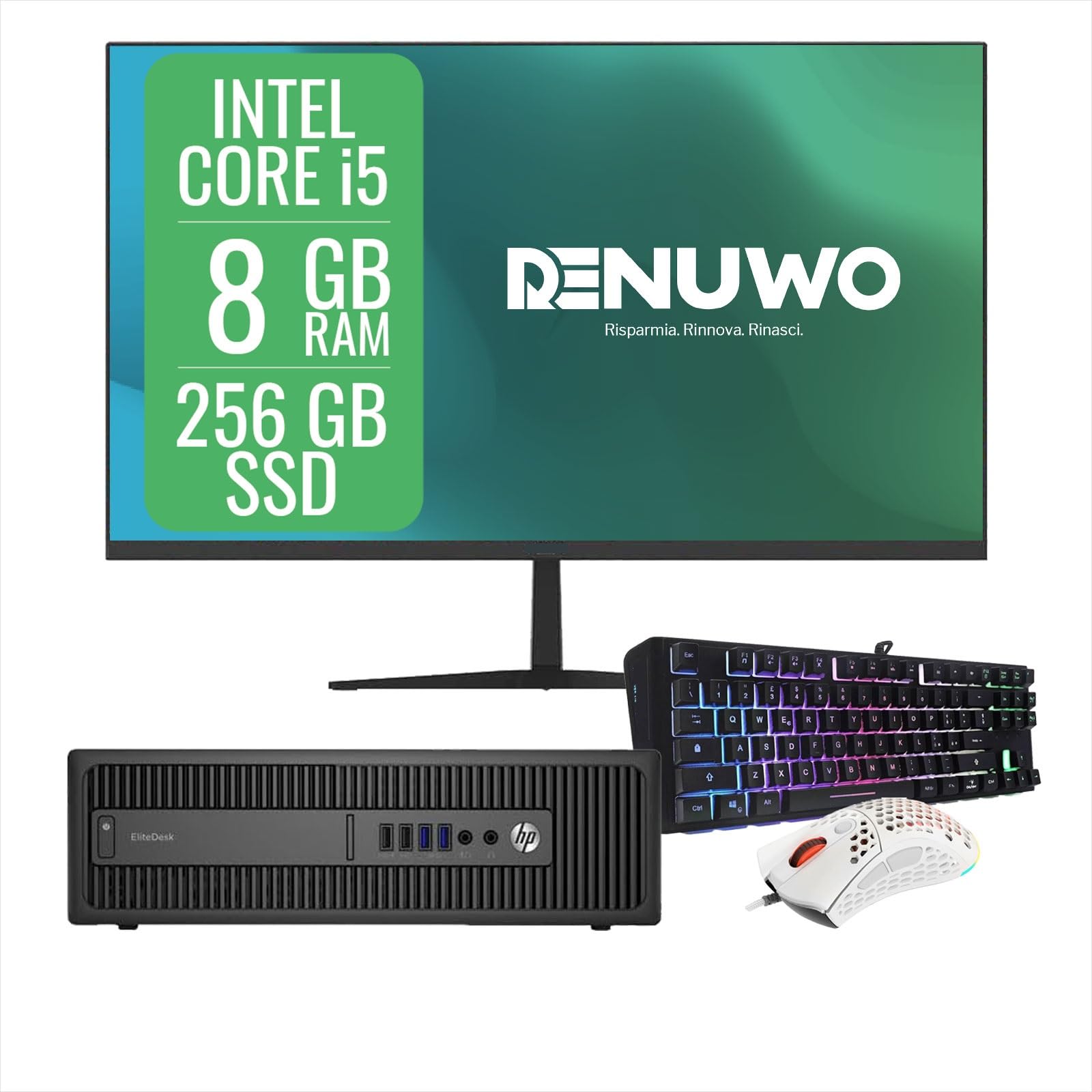 HP Postazione Completa, Pc Desktop Business Intel i5, Ram 8gb, Ssd 256gb, Wifi, Monitor 23.8", Win 11 Pro e Libre Office, Compreso di Mouse e Tastiera (Ricondizionato)