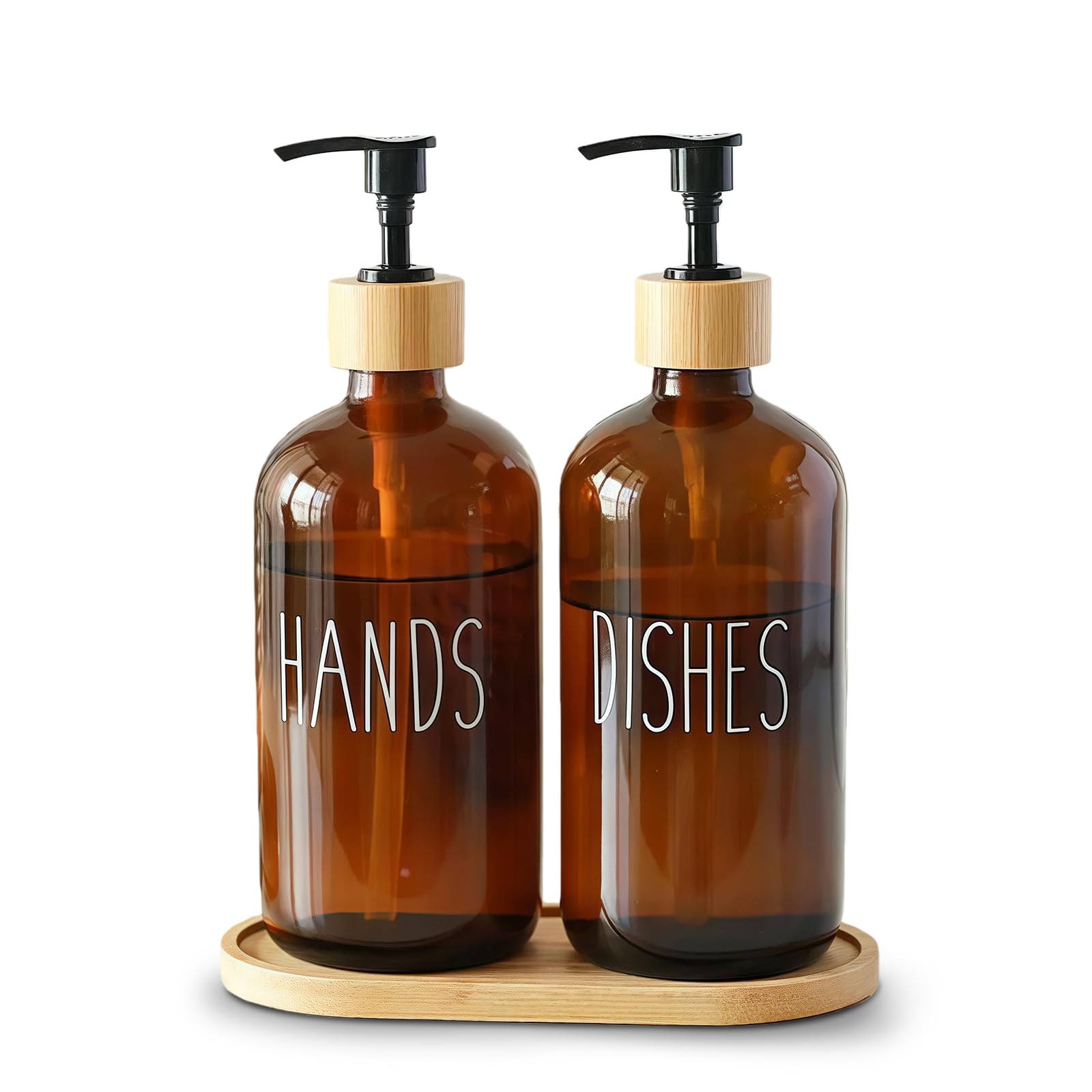 2 Pack 500ml Amber Glass Soap Dispensers with Bamboo Tray - Refillable Hand & Dish Soap Dispenser Set for Kitchen Countertop and Bathroom, Shampoo Lotion Bottles with Pump