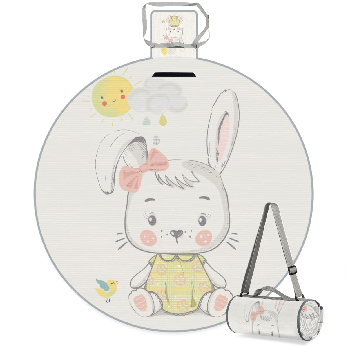 Shimoshe Bird Sun Bunny Picnic Outdoor Blanket Foldable Waterproof Sandproof Beach Blanket Portable Water-Resistant Round Picnic Mat for Travel Camping Park Lawn