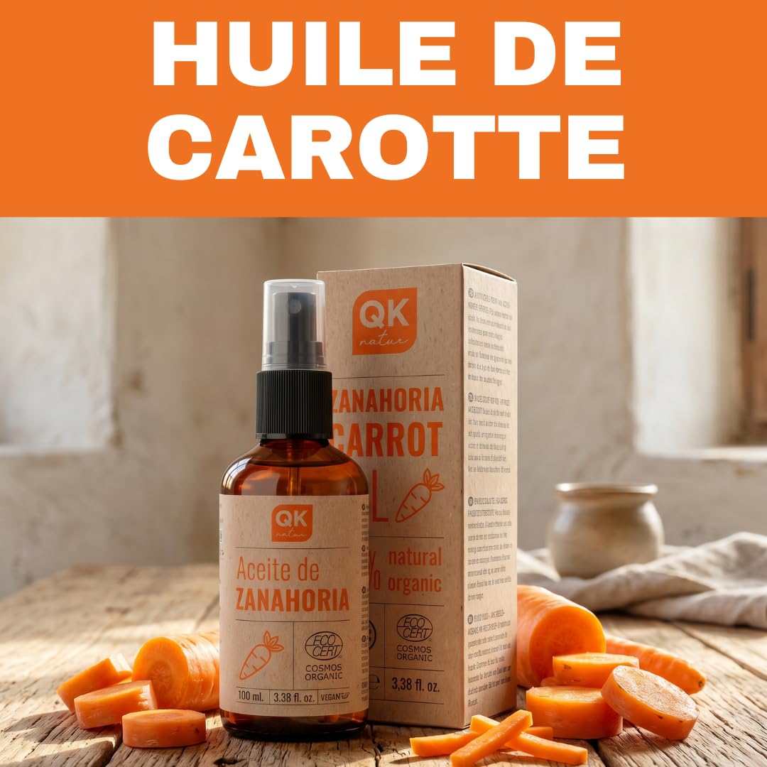QKnatur - HUILE DE CAROTTE 100 ml - 100% pure et naturelle - Bronzant solaire naturel - Hydrate et rajeunit la peau - Répare les cheveux - Flacon en verre