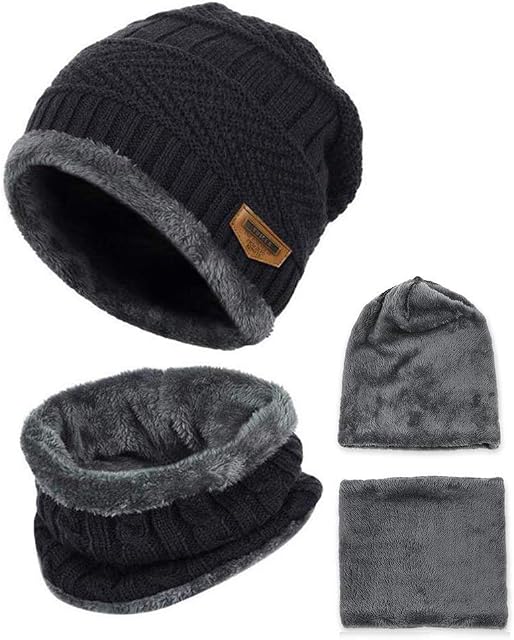 Winter Beanie Hat Scarf set Fleece Liner Warm Knitted Hat and Circle Scarf for Men and Women Indoors and Outdoor