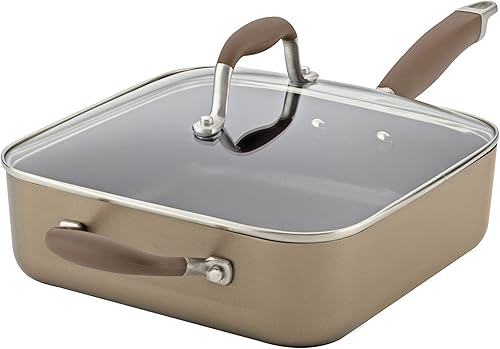 Anolon 83866 Advanced - Sartén antiadherente anodizada dura, sartén cuadrada con mango auxiliar, 4 cuartos de galón, marrón bronce