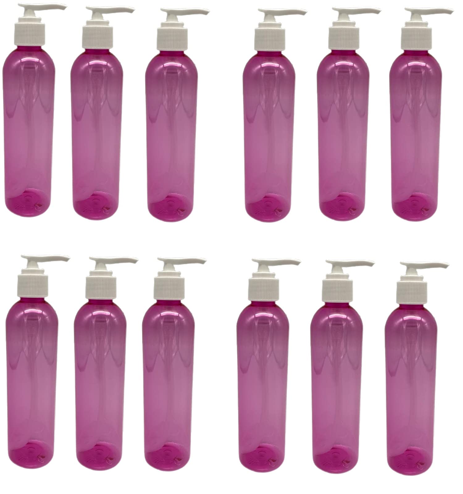 12 Pack – 8 oz - Pink Cosmo Plastic Bottles – White Pump - for Essential Oils, Perfumes, Cleaning Products